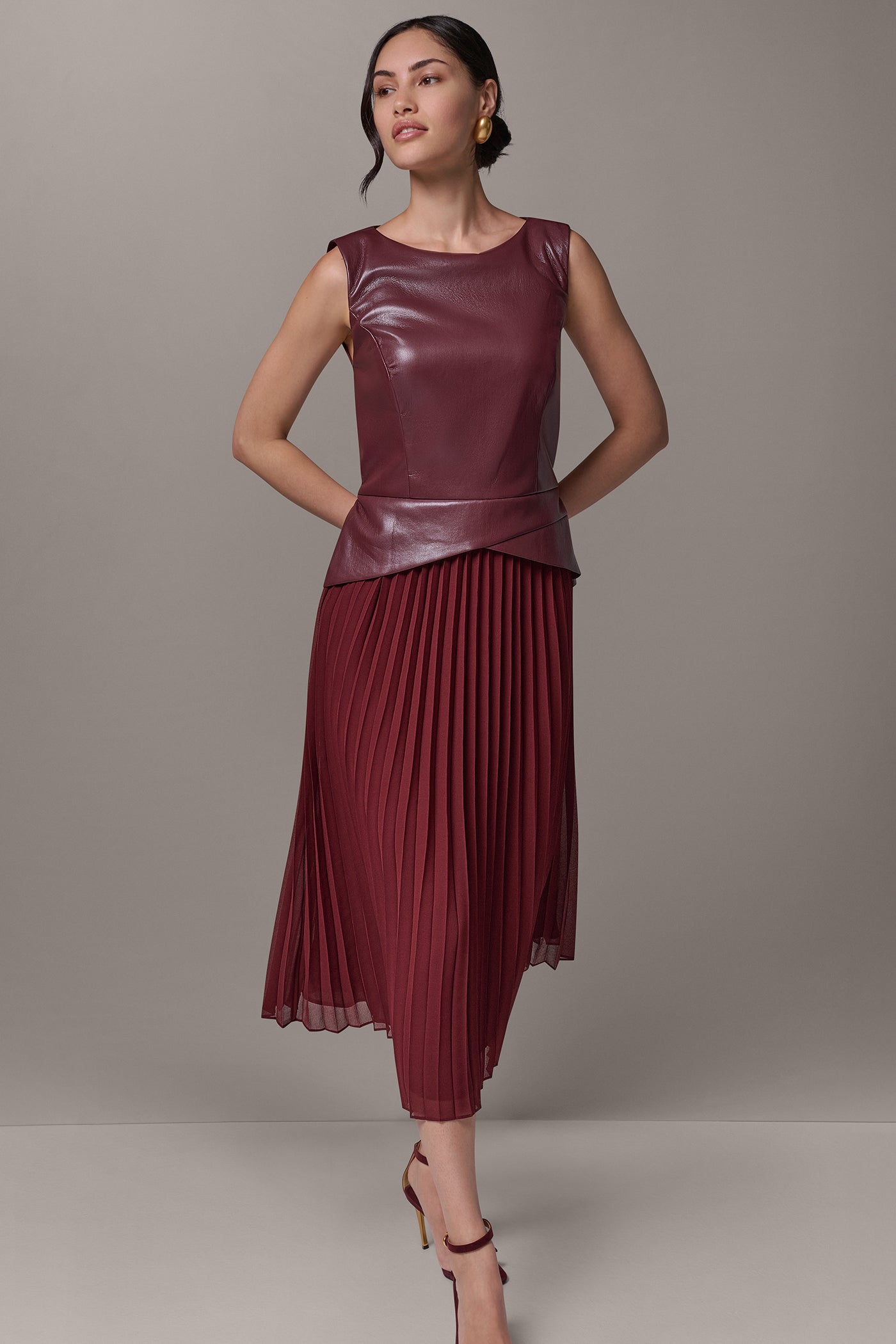 MIXED MEDIA PLEATED MIDI DRESS VIEW 1