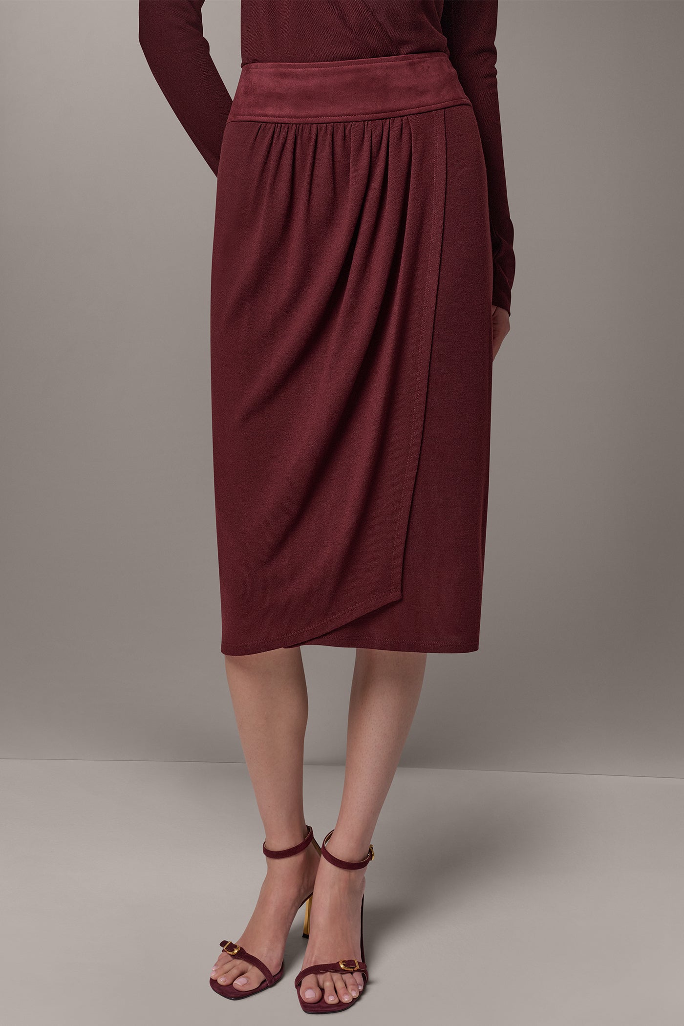WRAP-EFFECT MIXED-MEDIA SKIRT VIEW 1