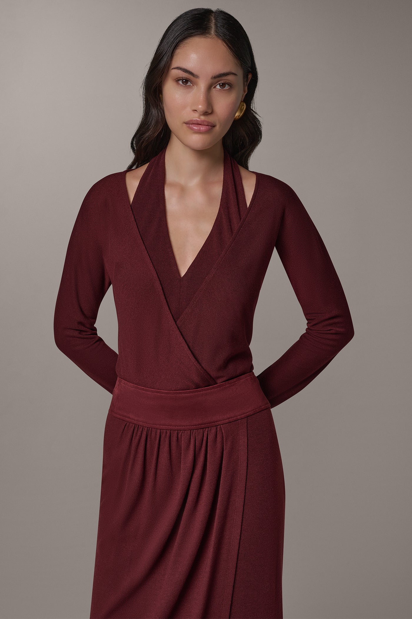 CUTOUT WRAP EFFECT V-NECK BODYSUIT VIEW 1