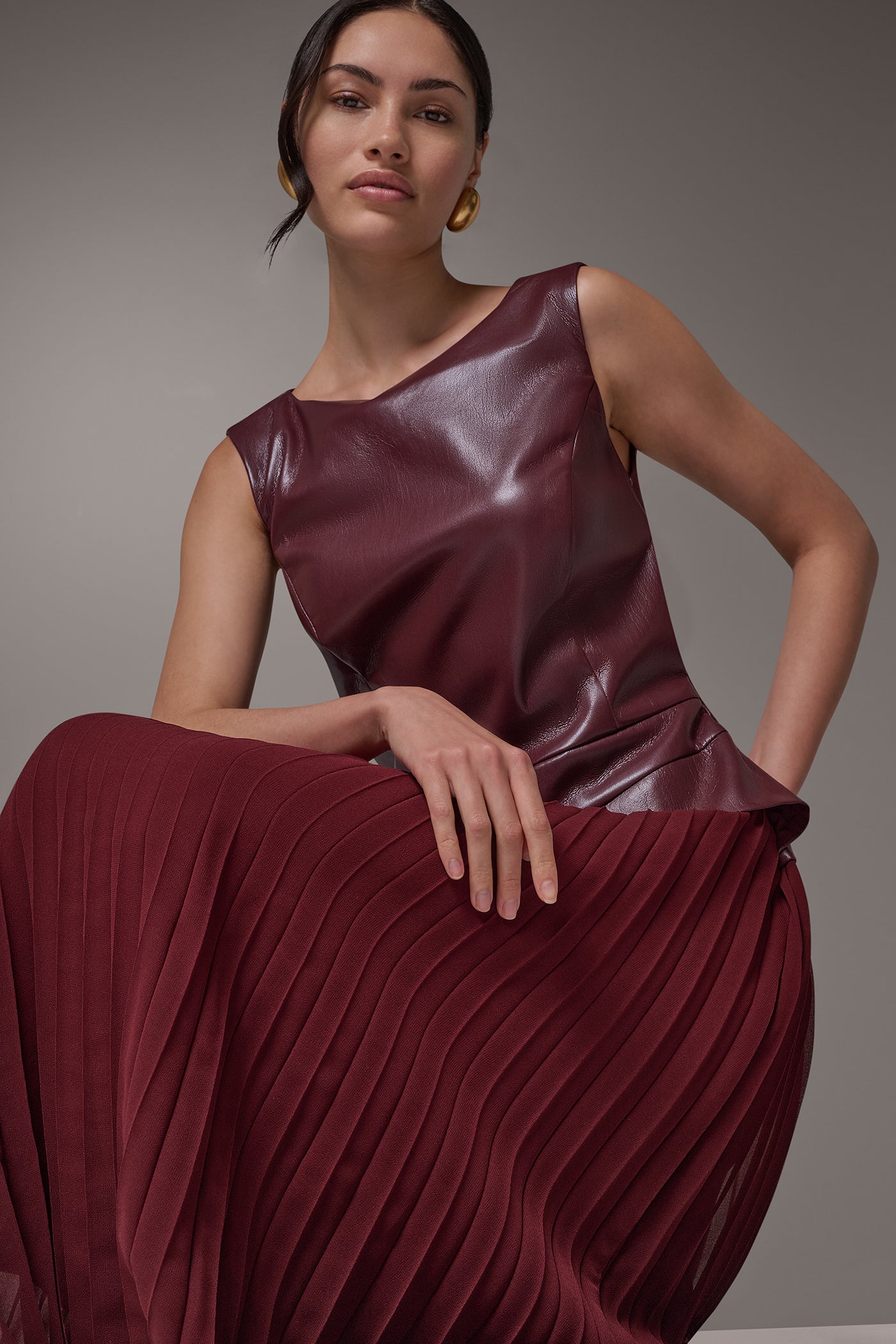 MIXED MEDIA PLEATED MIDI DRESS VIEW 13