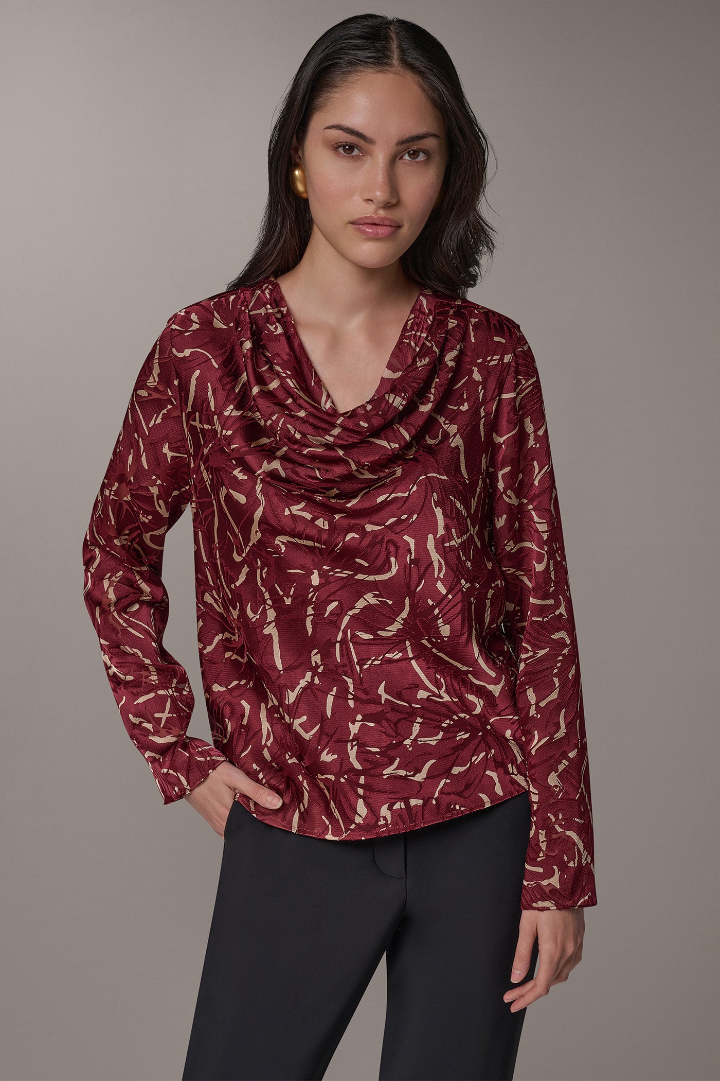 PRINTED BURNOUT COWL NECK TOP VIEW 1