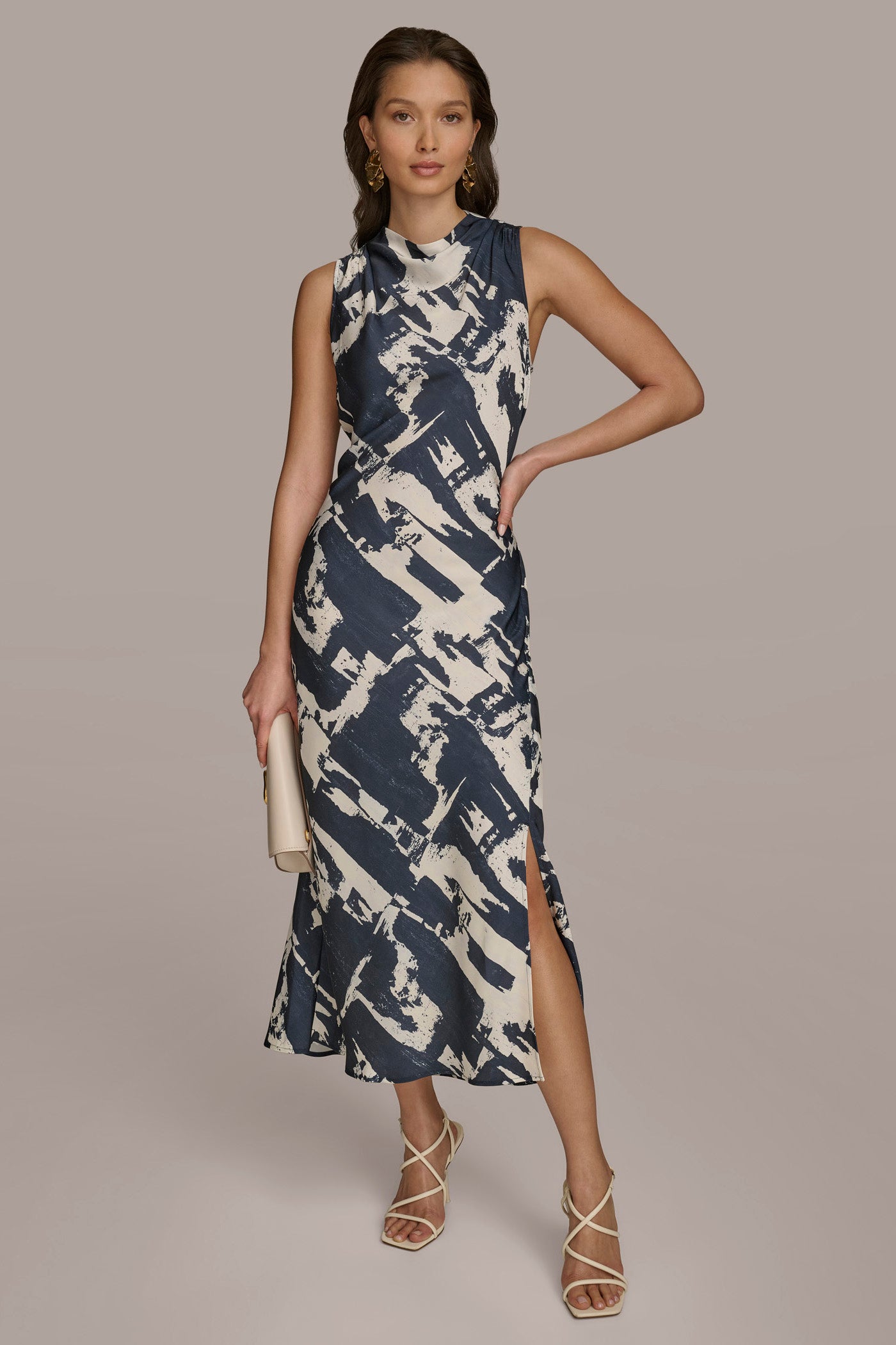 SLEEVELESS MOCK-NECK PRINTED MIDI DRESS | View 1 | SALE