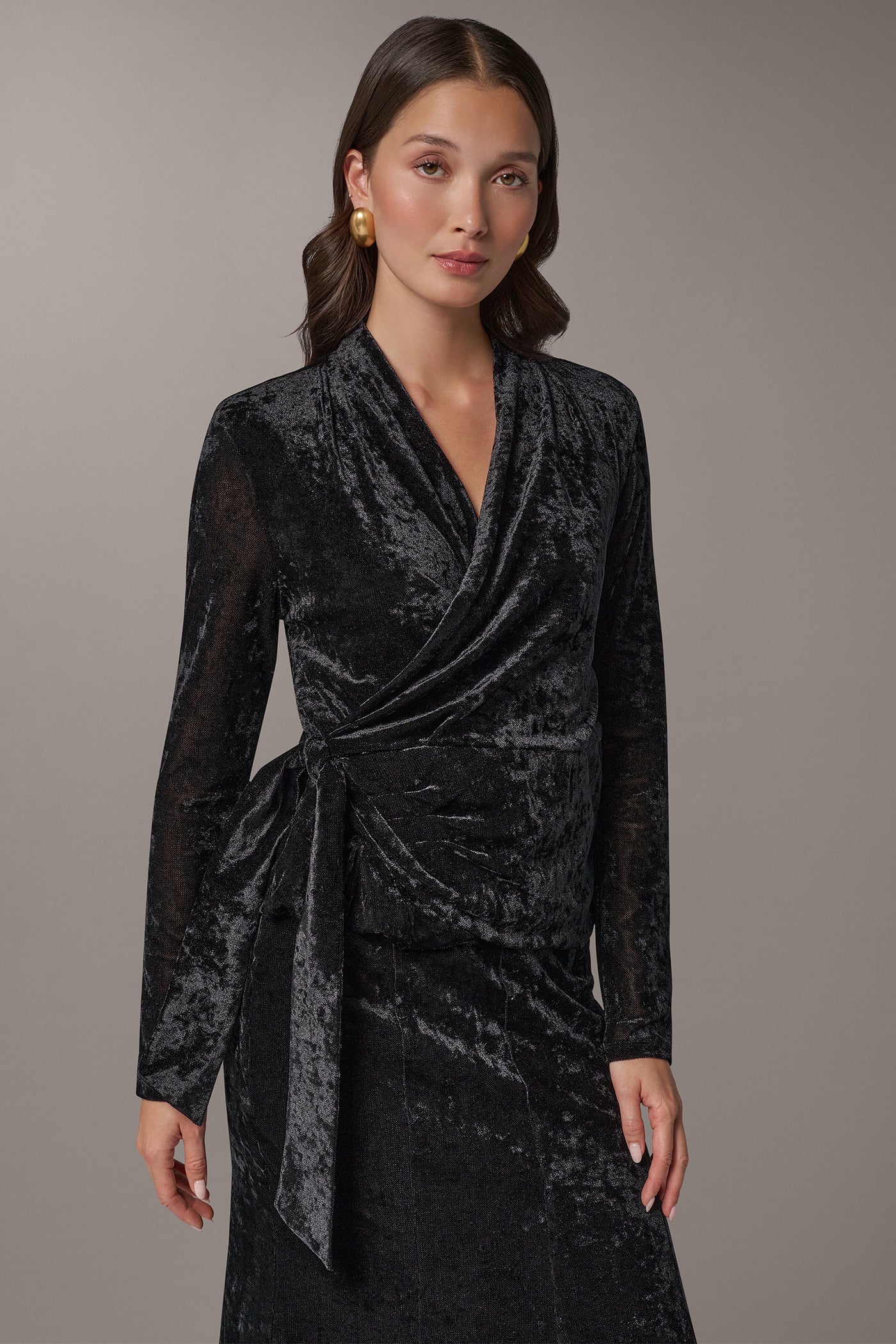 STRETCH VELVET WRAP-EFFECT TOP VIEW 1