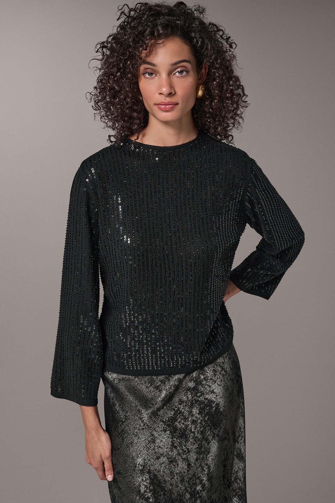 SEQUIN FUNNEL NECK POINTELLE SWEATER VIEW 1