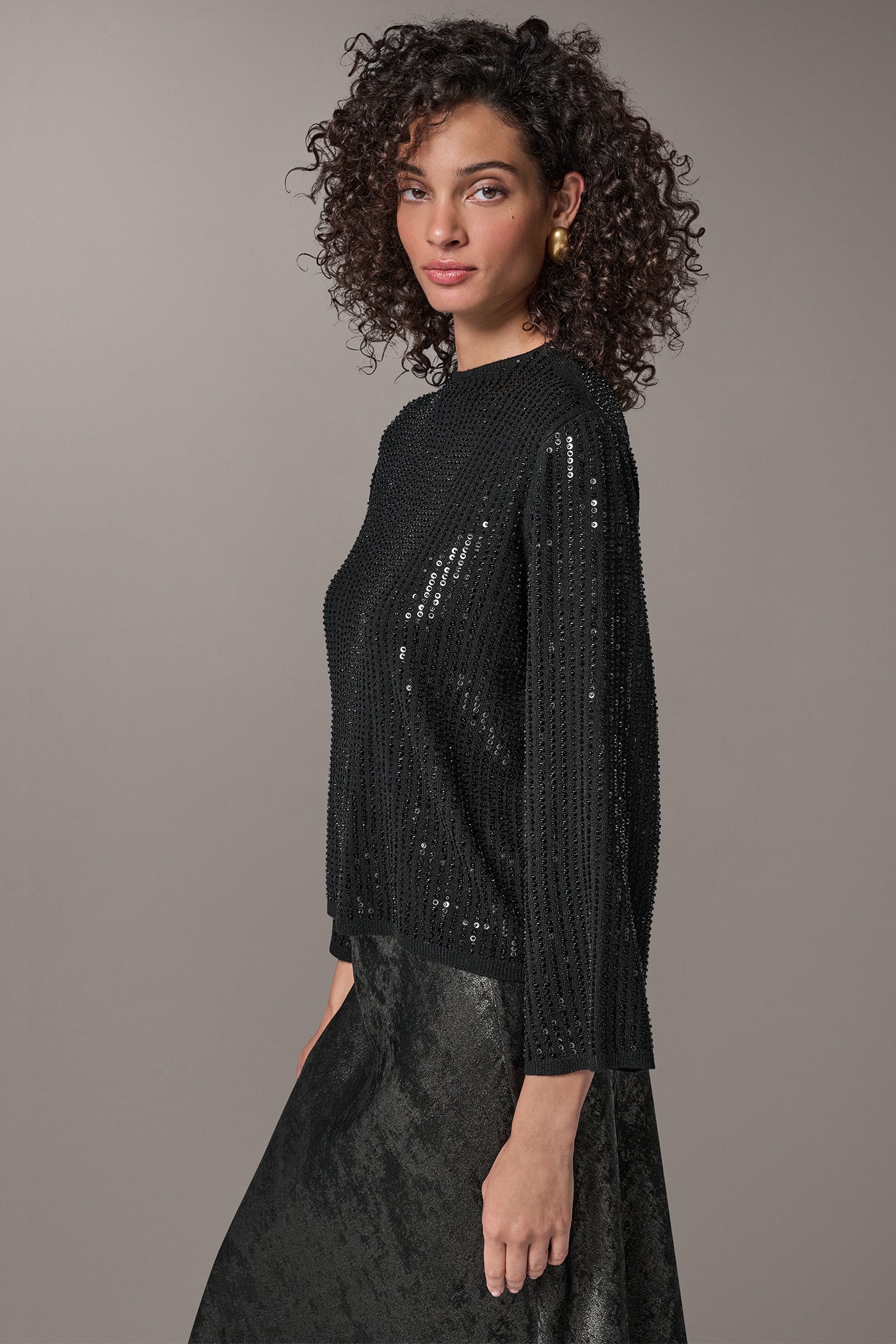 SEQUIN FUNNEL NECK POINTELLE SWEATER VIEW 3