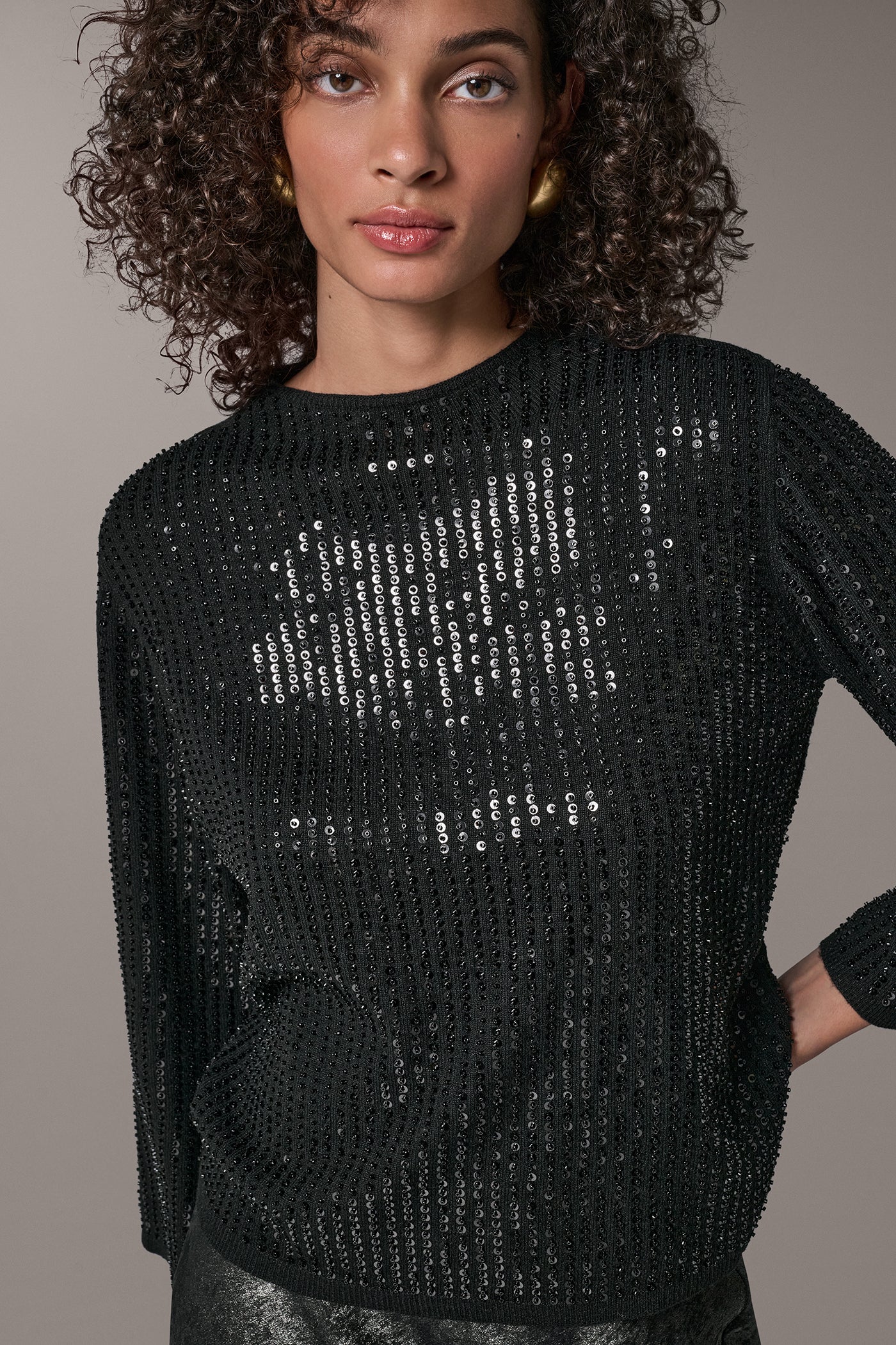 SEQUIN FUNNEL NECK POINTELLE SWEATER VIEW 2