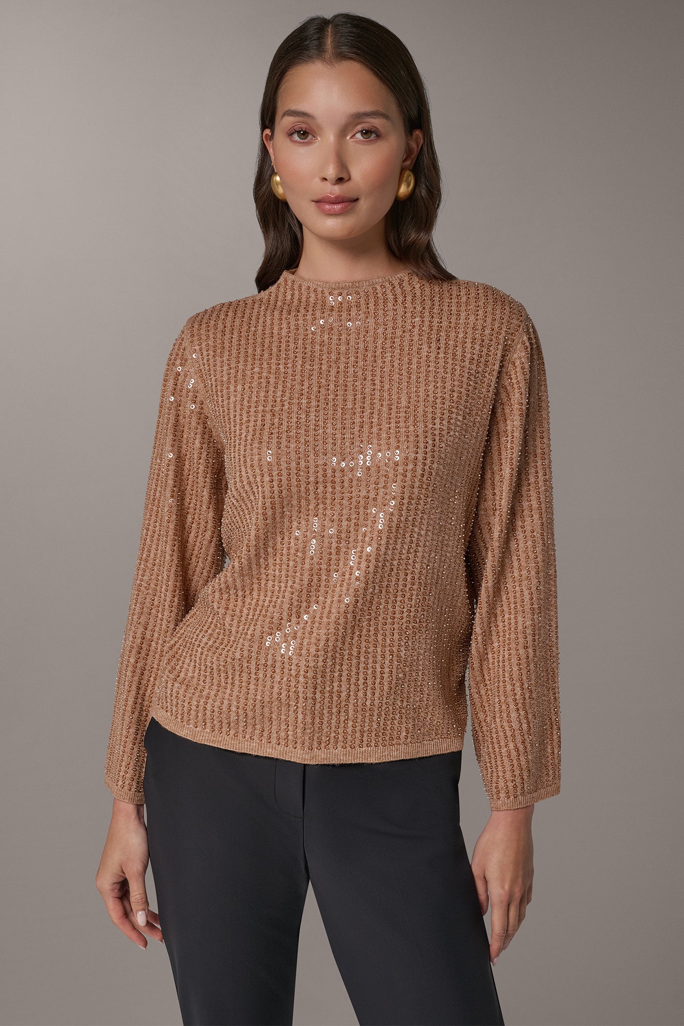 SEQUIN FUNNEL NECK POINTELLE SWEATER VIEW 1