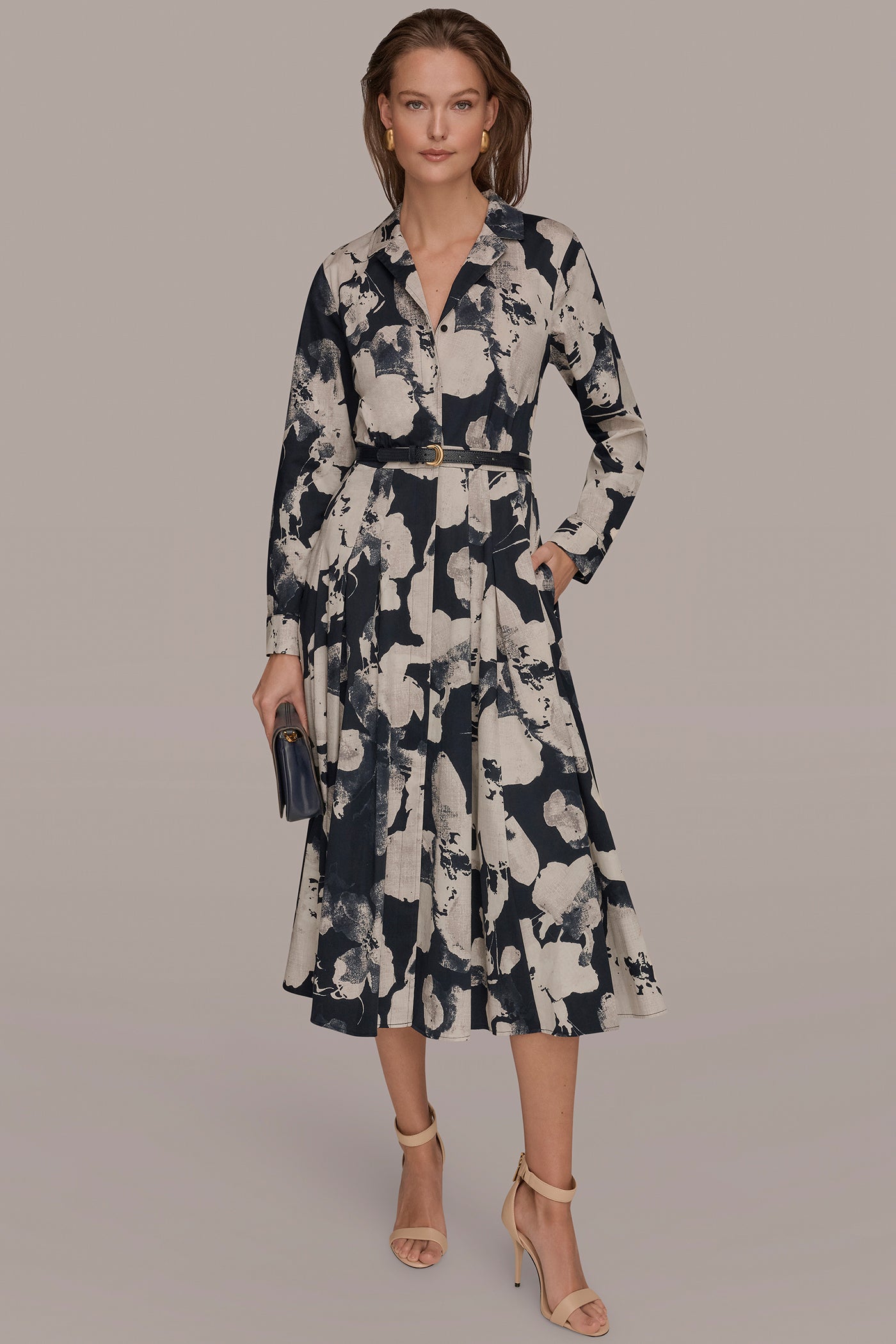 PRINTED LONG-SLEEVE BUTTON-FRONT DRESS | View 1 | New Arrivals