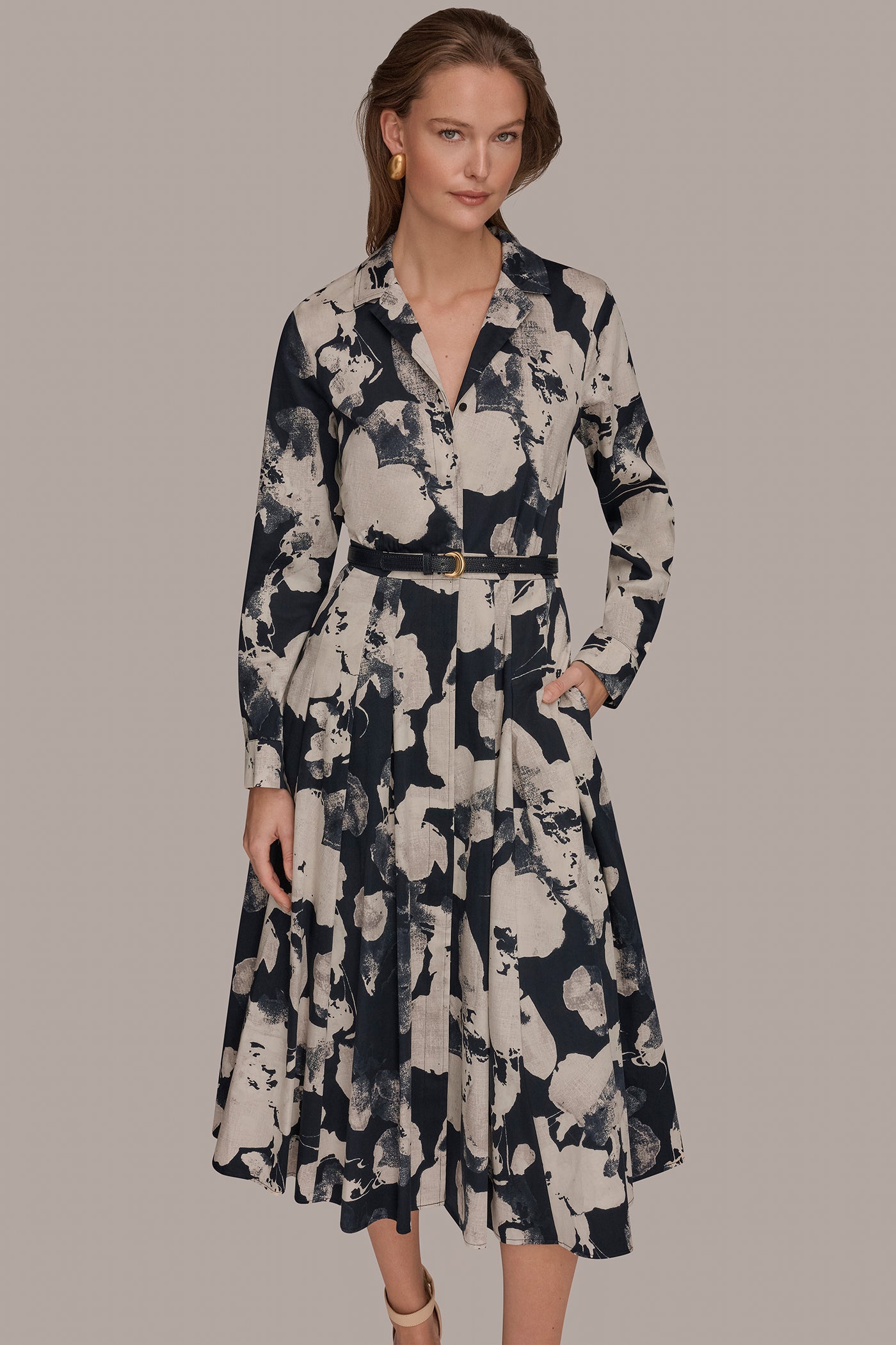 PRINTED LONG-SLEEVE BUTTON-FRONT DRESS VIEW 6 | New Arrivals