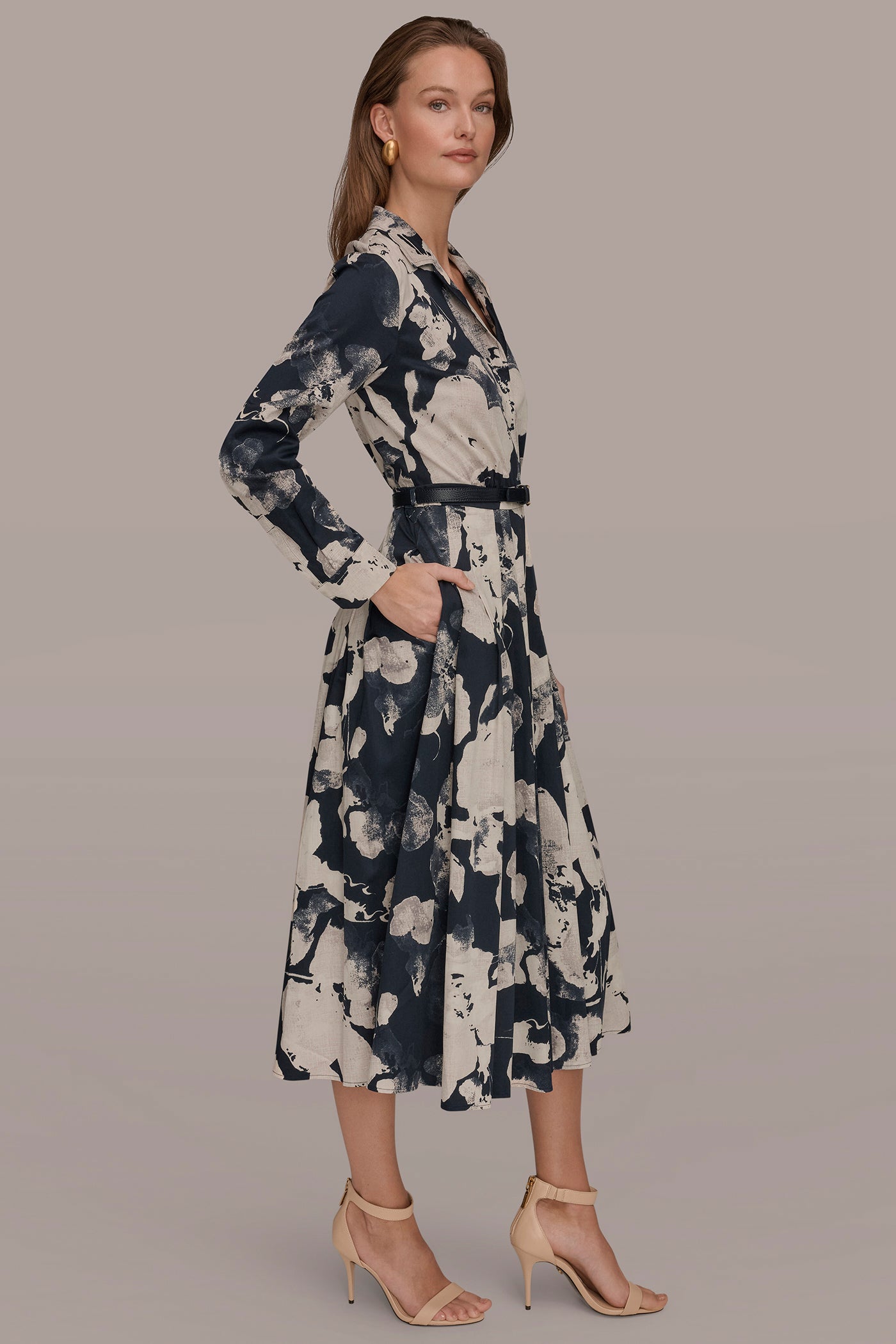 PRINTED LONG-SLEEVE BUTTON-FRONT DRESS VIEW 3 | New Arrivals
