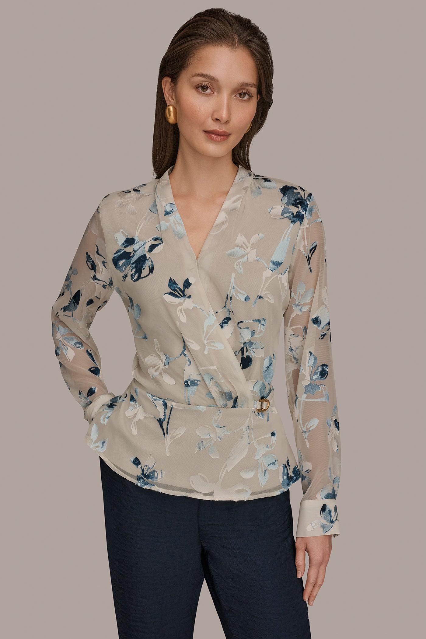 LONG SLEEVE BURNOUT FOIL WRAP BLOUSE | View 1 | New clothing