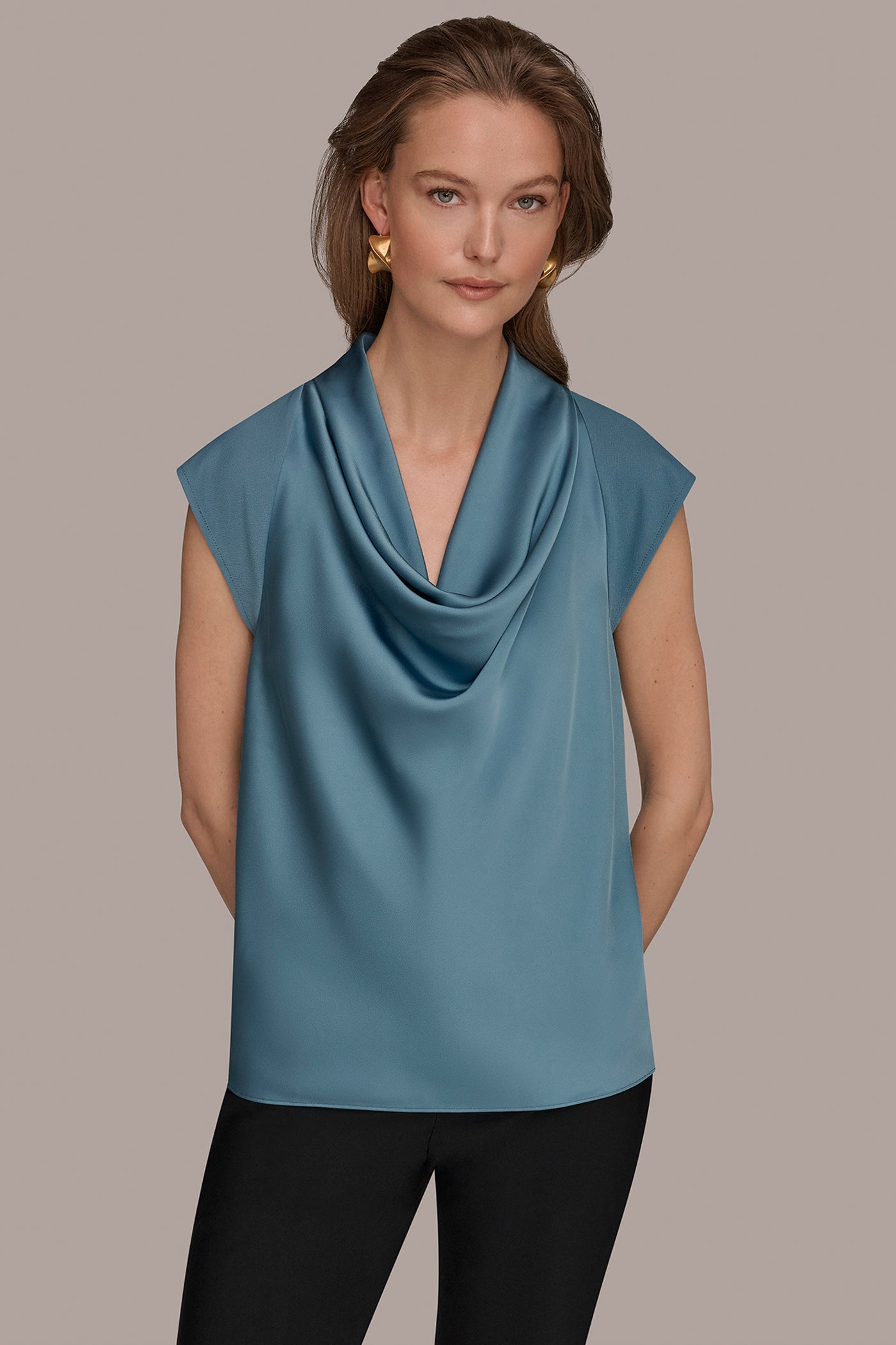 MIXED MEDIA COWL-NECK TOP | View 1 | Tops