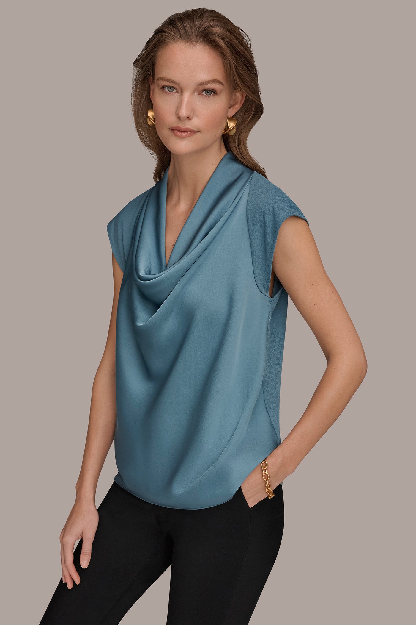 MIXED MEDIA COWL-NECK TOP VIEW 3 | Tops