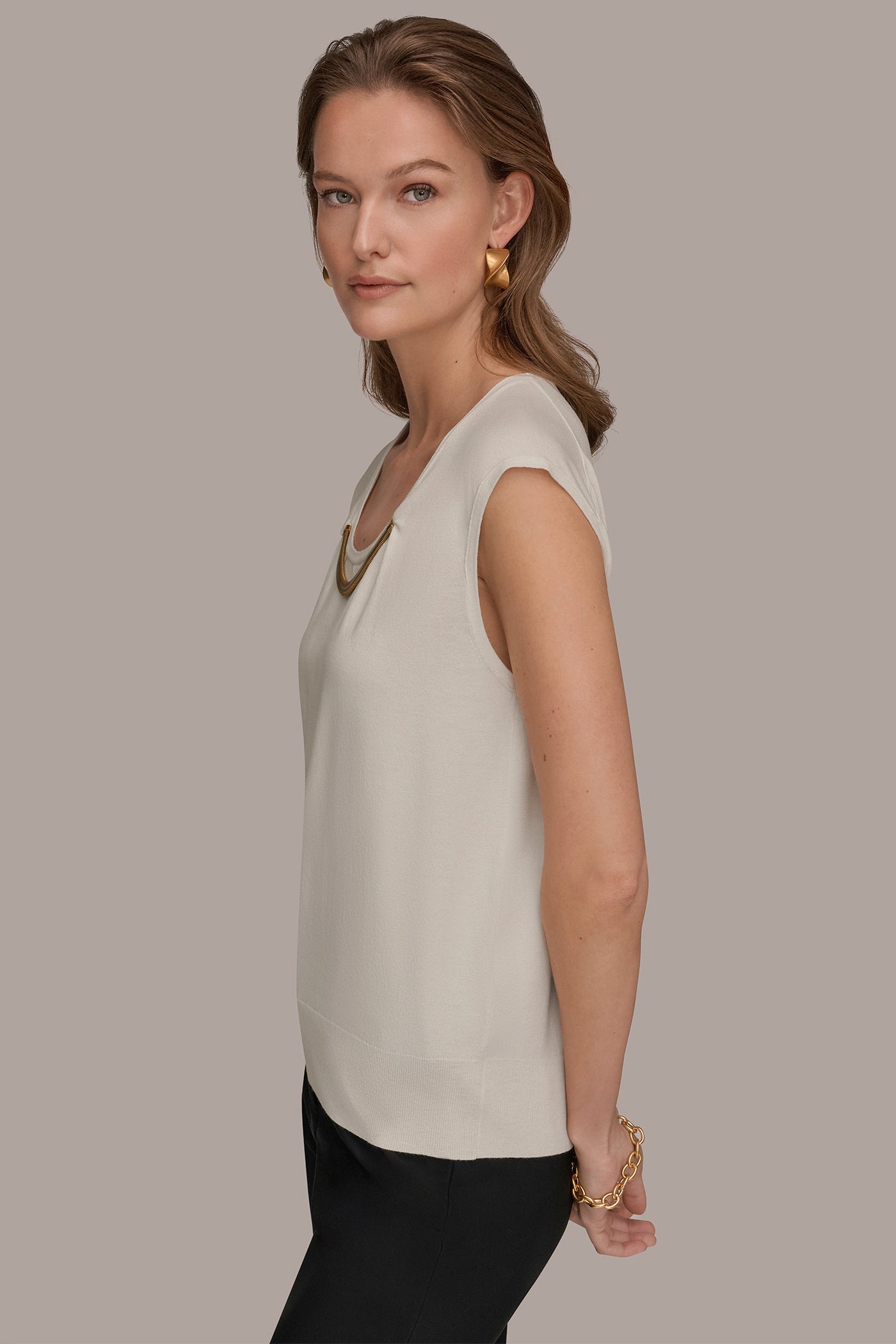 CAP SLEEVE METALLIC TRIM SWEATER VIEW 3 | New clothing