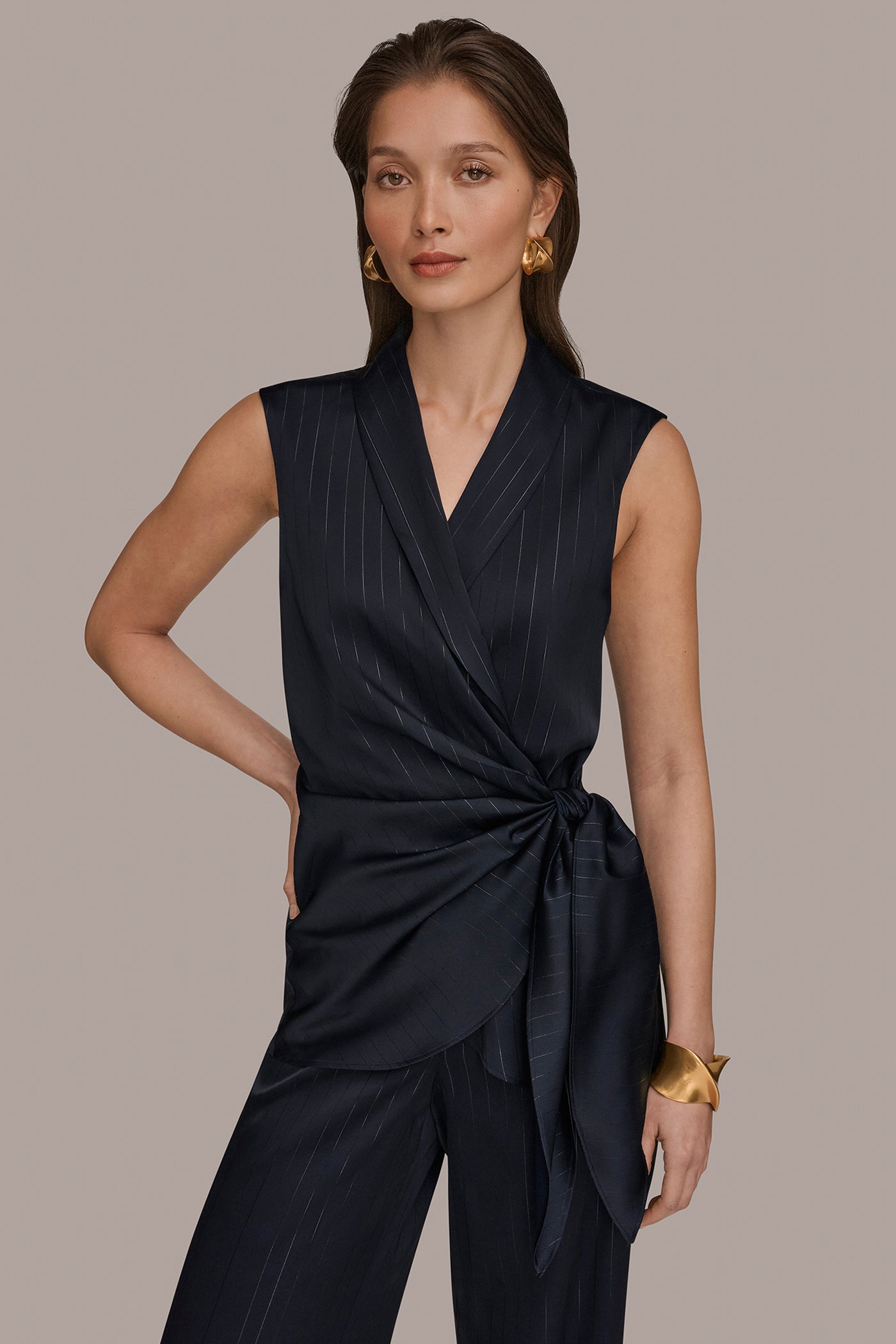 PINSTRIPE FAUX WRAP TOP | View 1 | New clothing