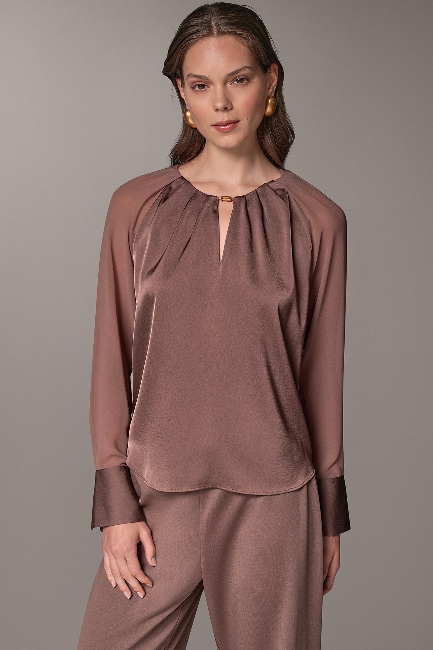 CHIFFON SLEEVE SATIN KEYHOLE BLOUSE VIEW 1