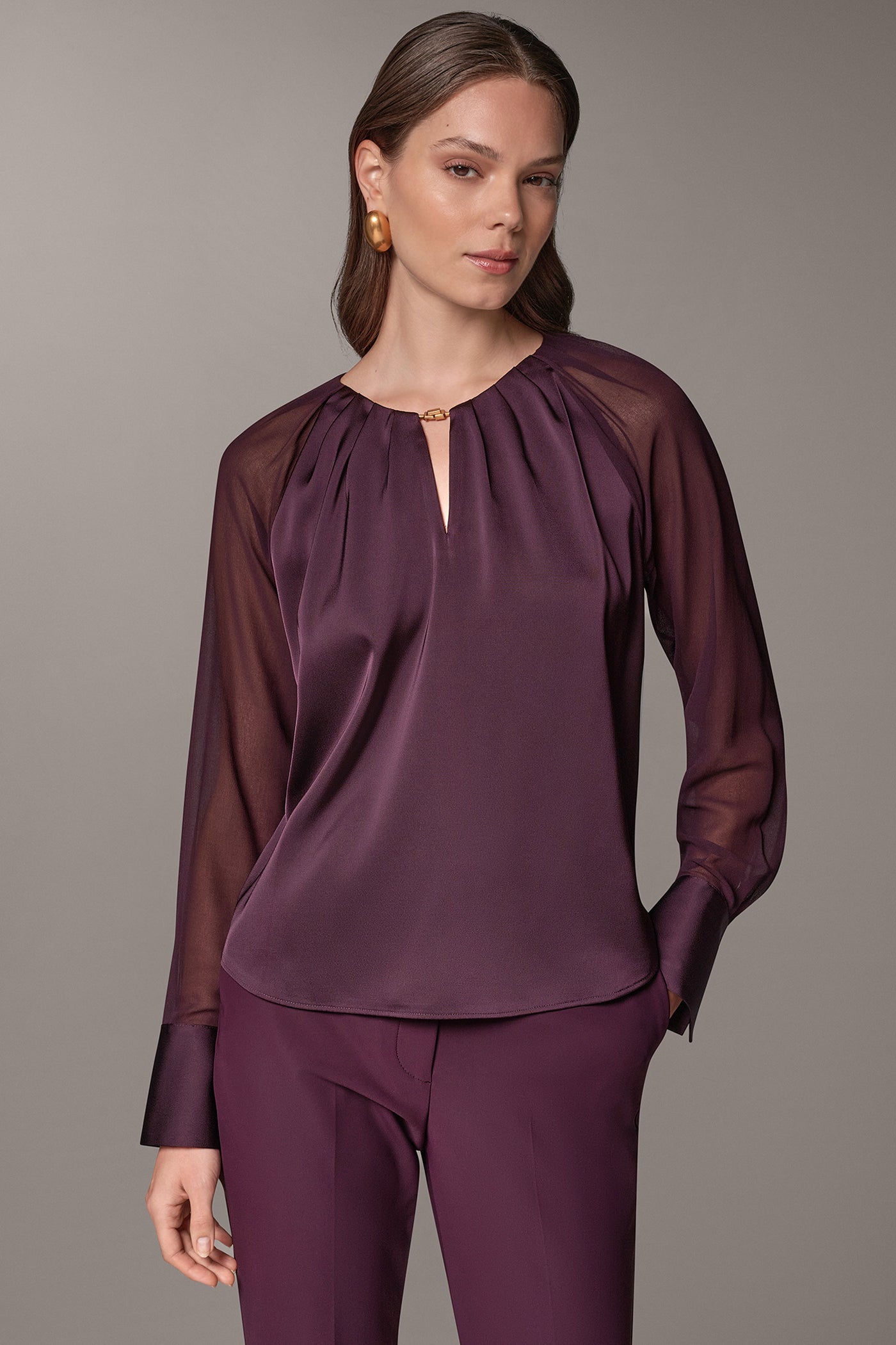 CHIFFON SLEEVE SATIN KEYHOLE BLOUSE VIEW 1