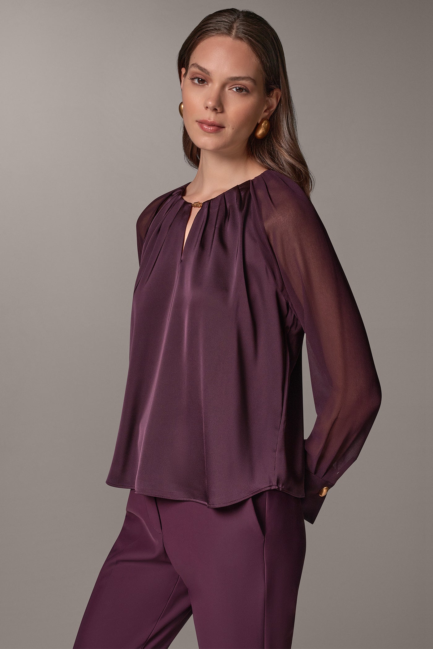 CHIFFON SLEEVE SATIN KEYHOLE BLOUSE VIEW 2