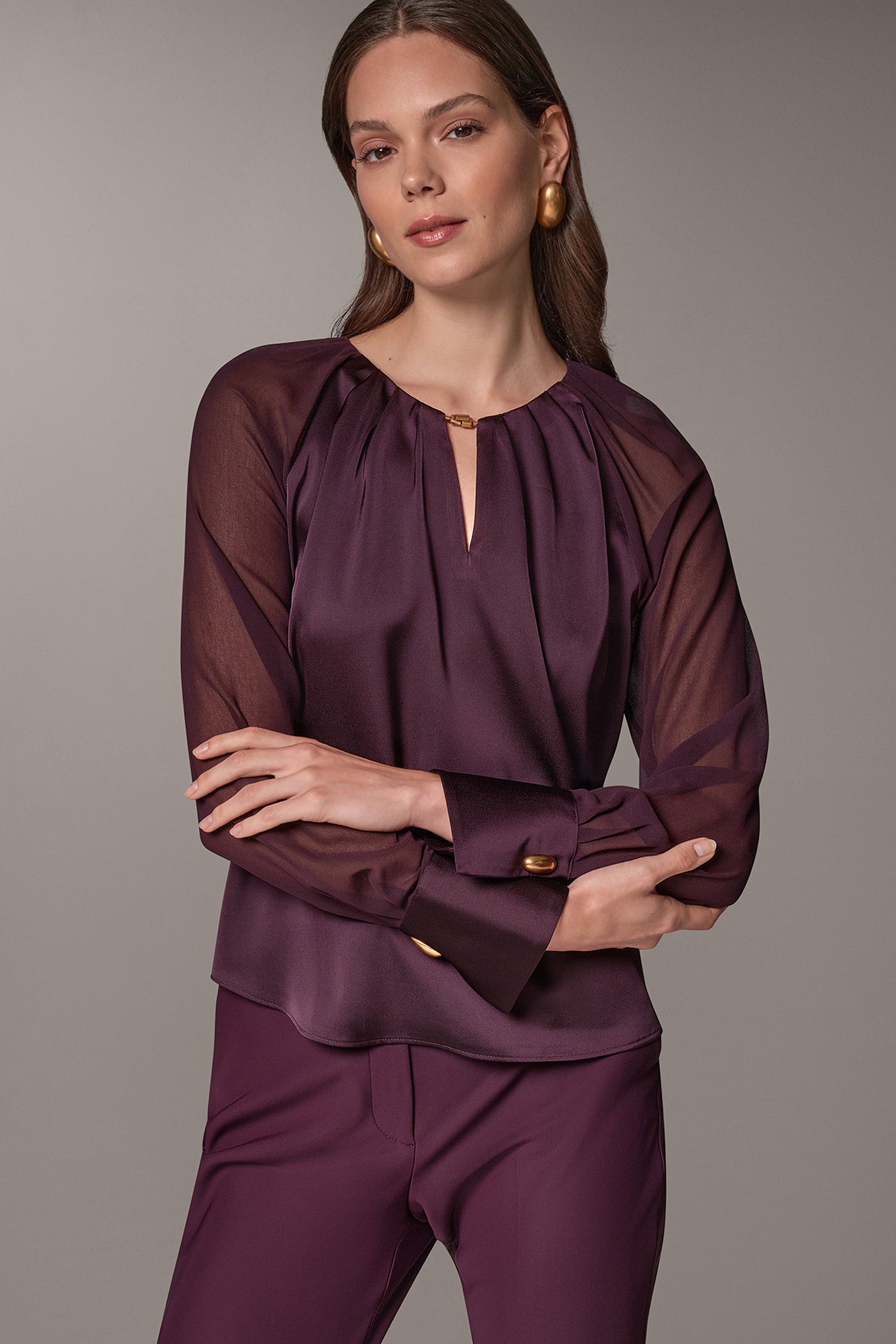 CHIFFON SLEEVE SATIN KEYHOLE BLOUSE VIEW 5
