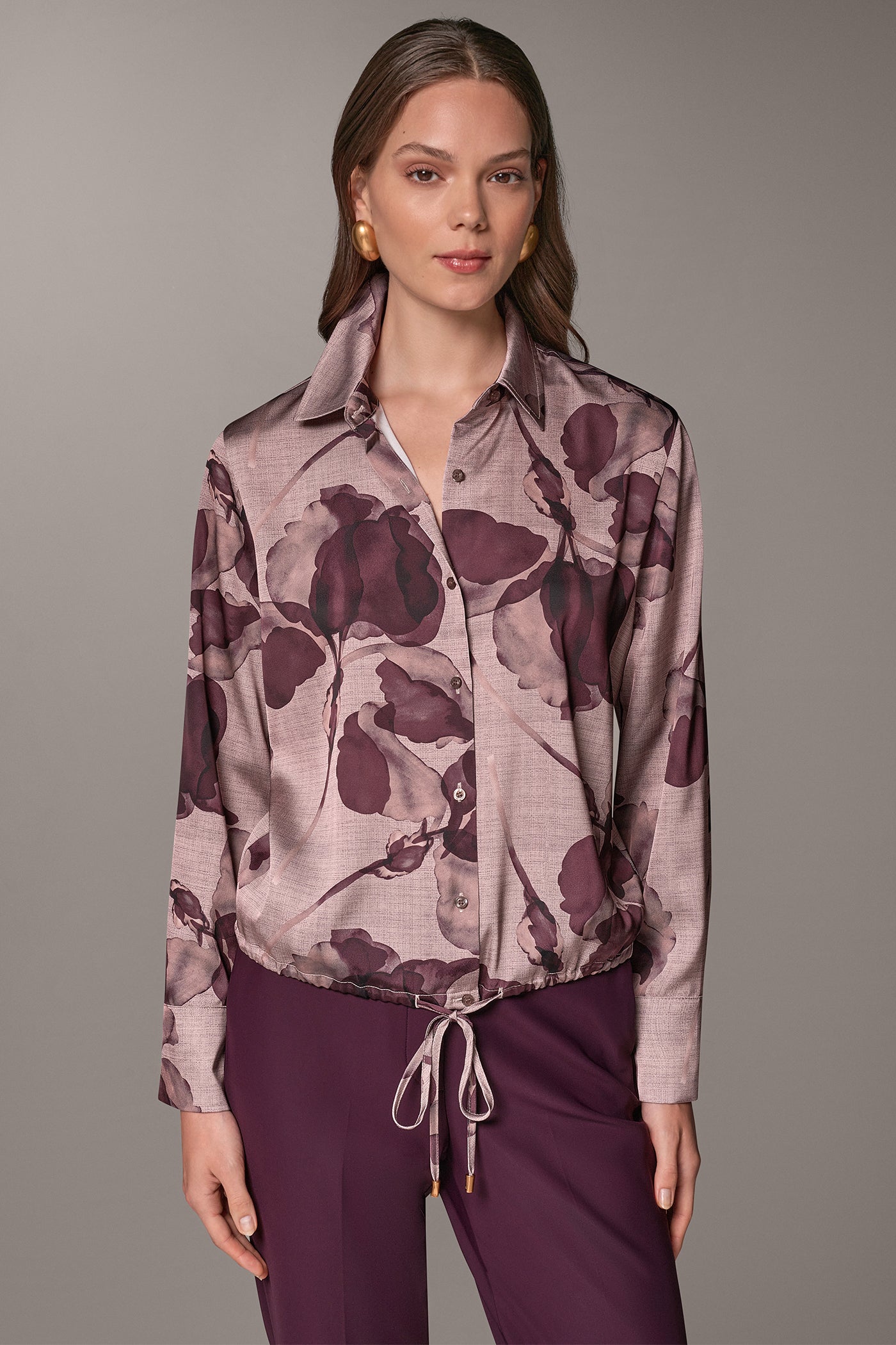 SATIN FLORAL DRAWSTRING HEM BLOUSE