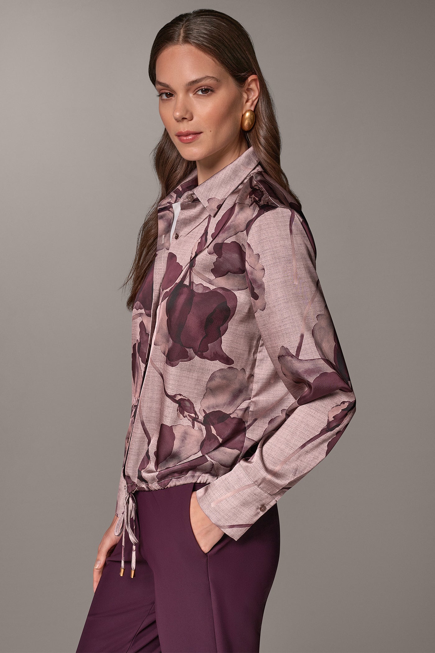 SATIN FLORAL DRAWSTRING HEM BLOUSE VIEW 4 | New clothing