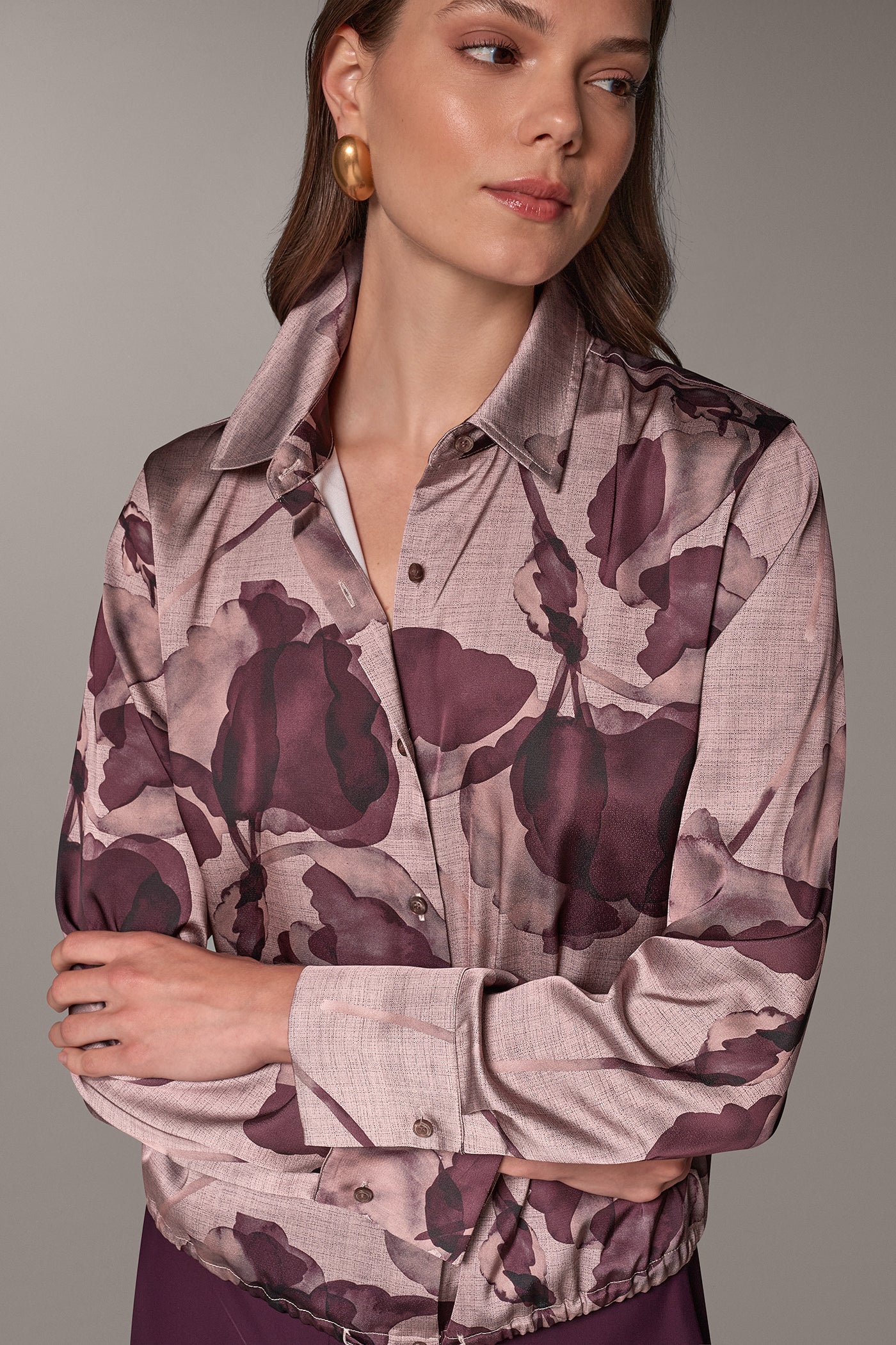 SATIN FLORAL DRAWSTRING HEM BLOUSE (alternate view)