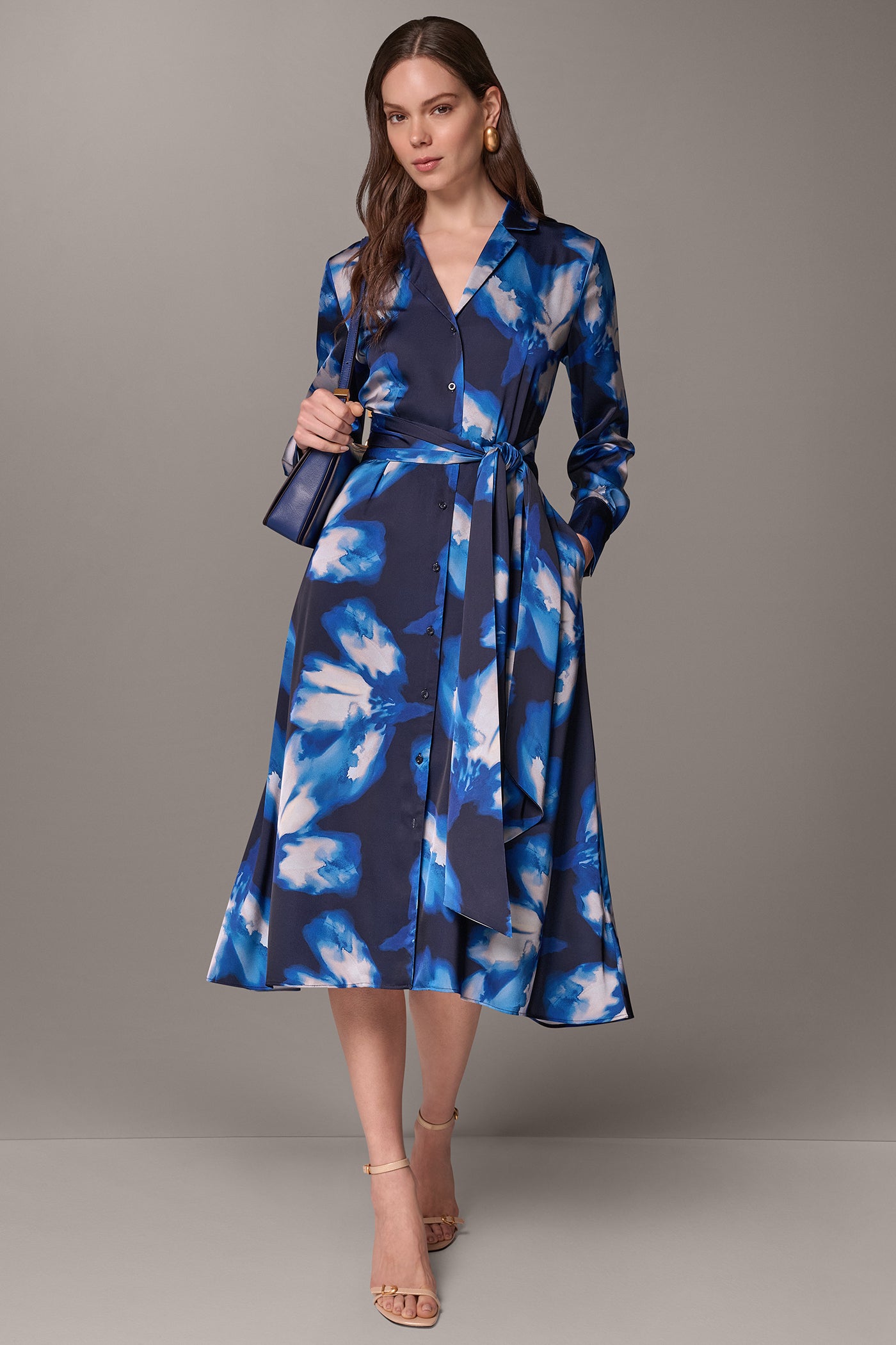 FLORAL TIE-WAIST MIDI SHIRT DRESS