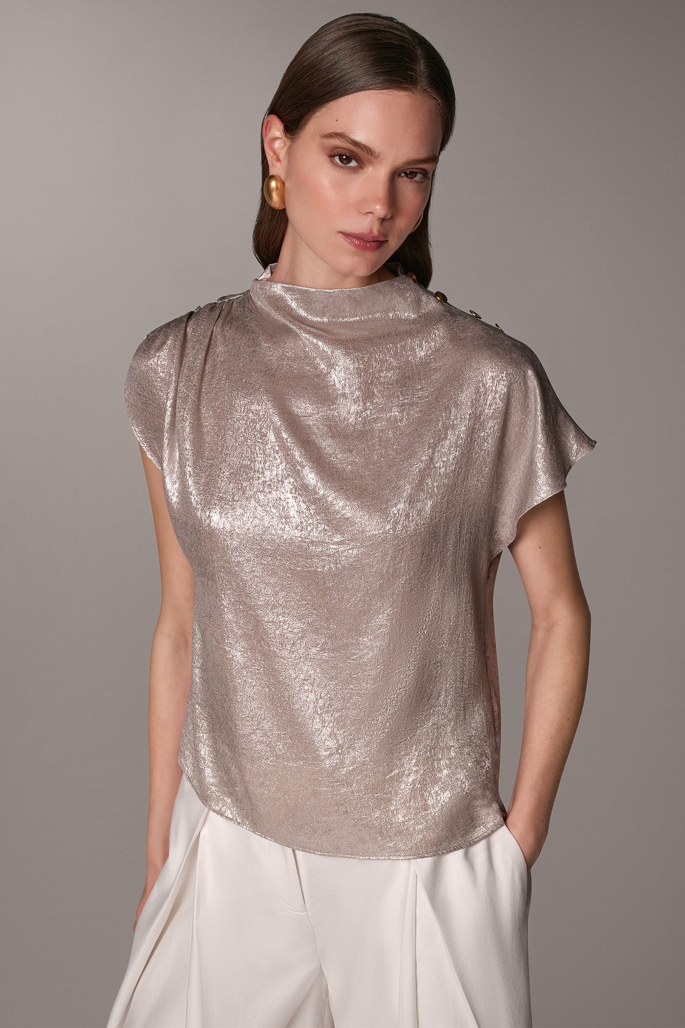 METALLIC FUNNEL-NECK BUTTON-SHOULDER TOP VIEW 1