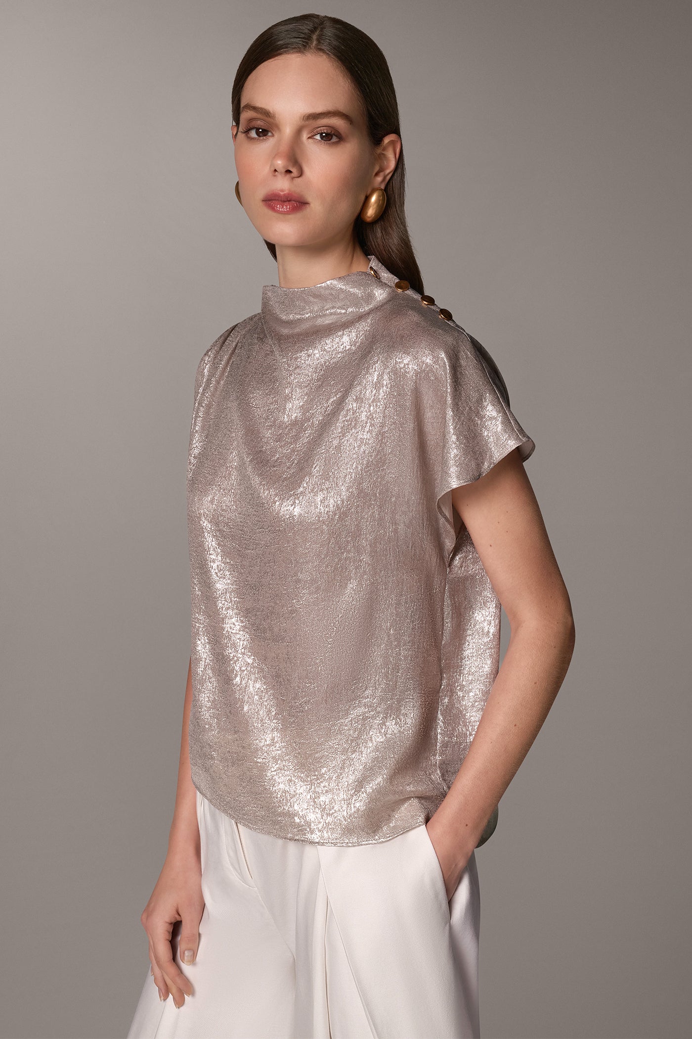 METALLIC FUNNEL-NECK BUTTON-SHOULDER TOP VIEW 3