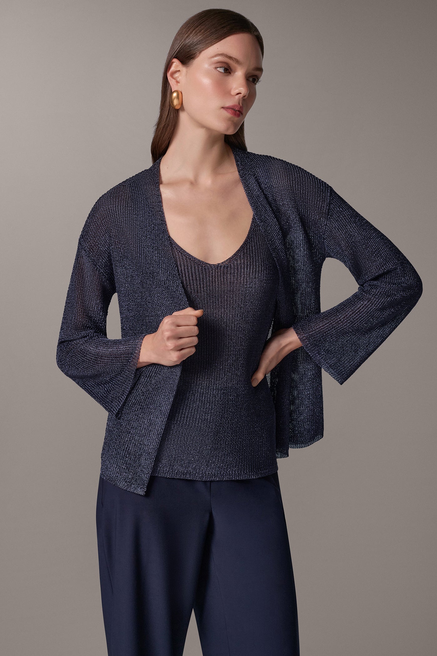 METALLIC SHAKER-STITCH CARDIGAN VIEW 1