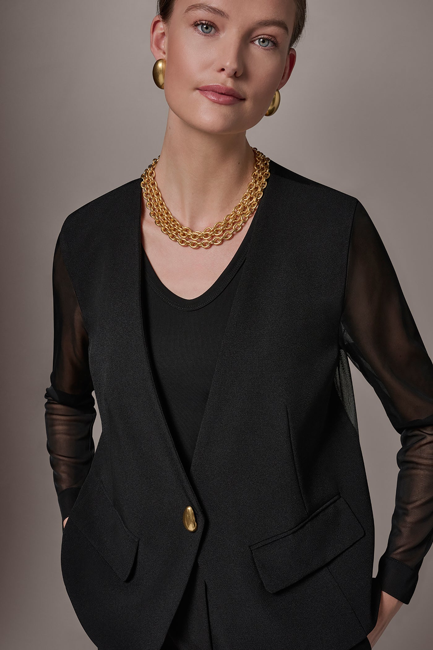 CHIFFON PANELED ONE BUTTON JACKET VIEW 4 | New clothing