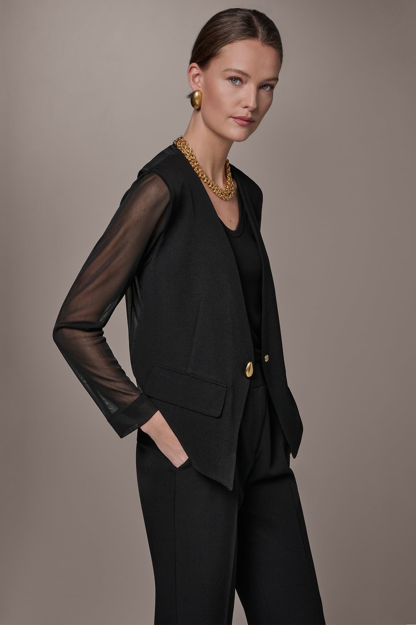 CHIFFON PANELED ONE BUTTON JACKET VIEW 3 | New clothing