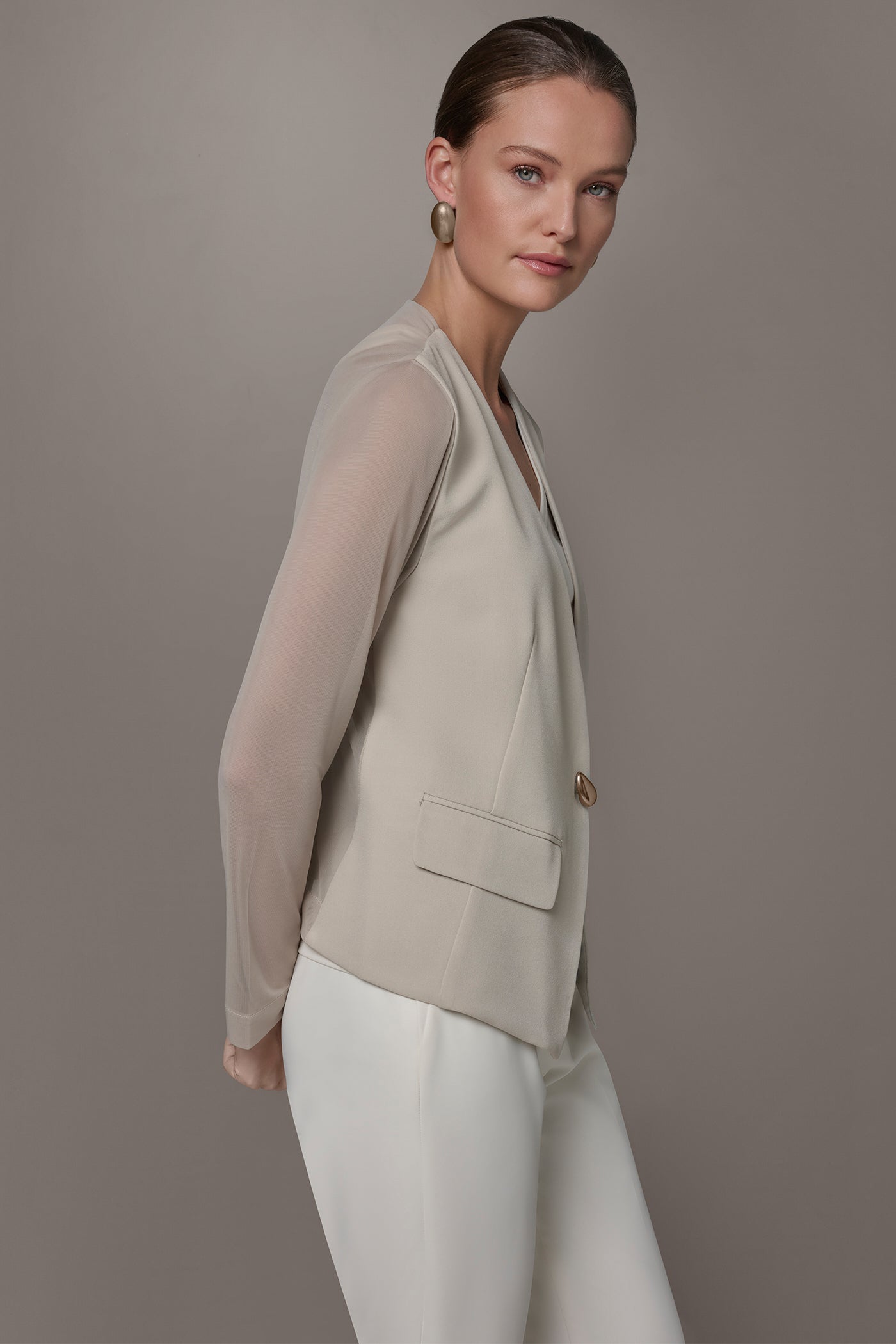 CHIFFON PANELED ONE BUTTON JACKET VIEW 3 | Blazers & Vests