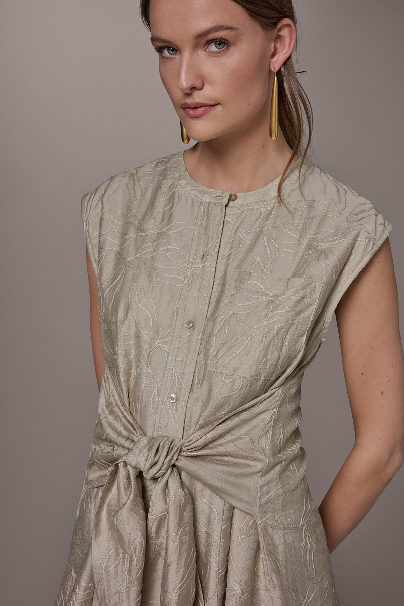 Embroidered Tie Front Midi Dress | Midi DressFit and Flare | Donna Karan Embroidered Tie Front Midi Dress | Midi DressFit and Flare | Donna Karan