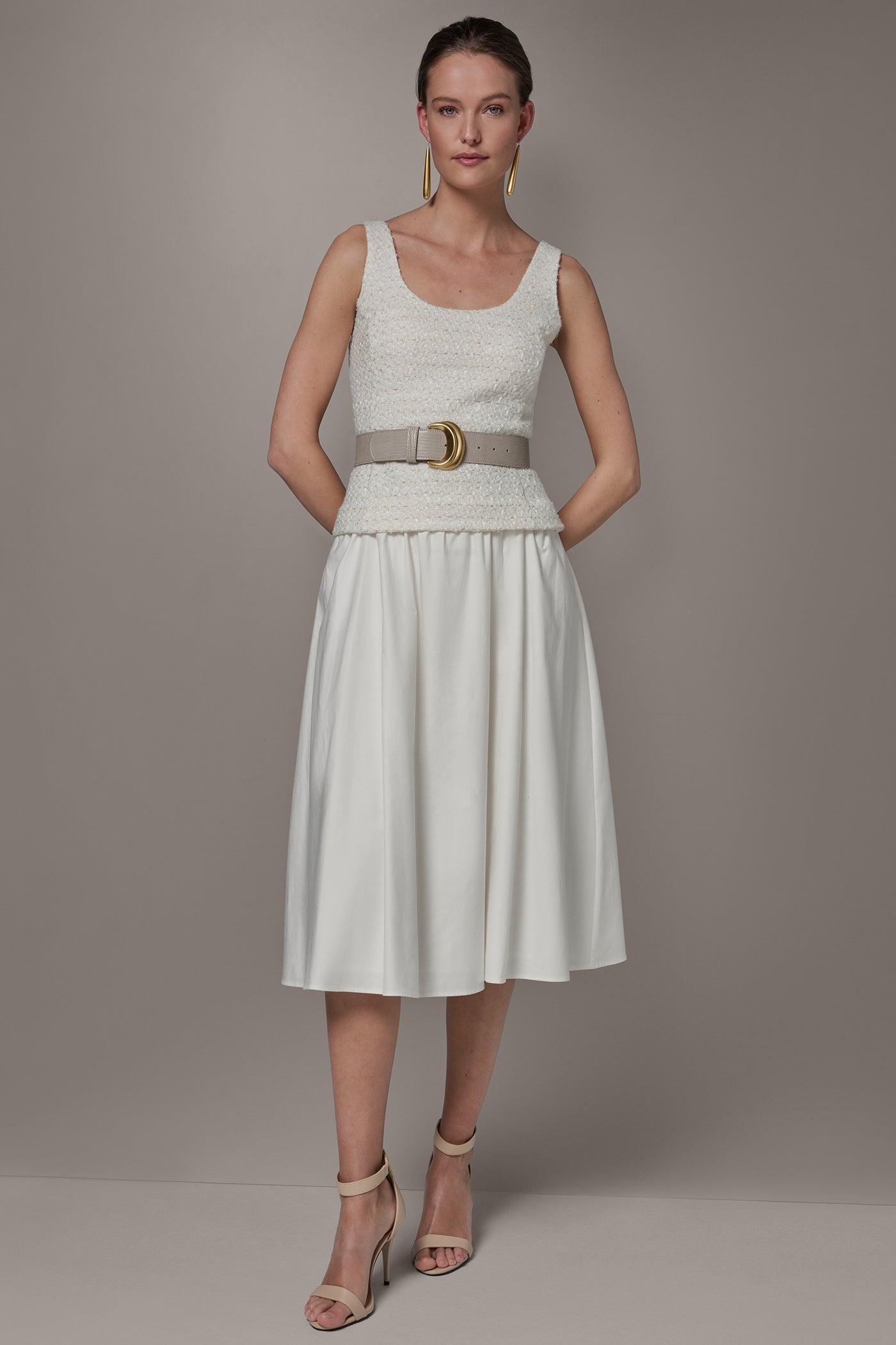 Donna Karan Women's Tweed Mixed Media Midi Tank Dress in Cream Donna Karan Women's Tweed Mixed Media Midi Tank Dress in Cream
