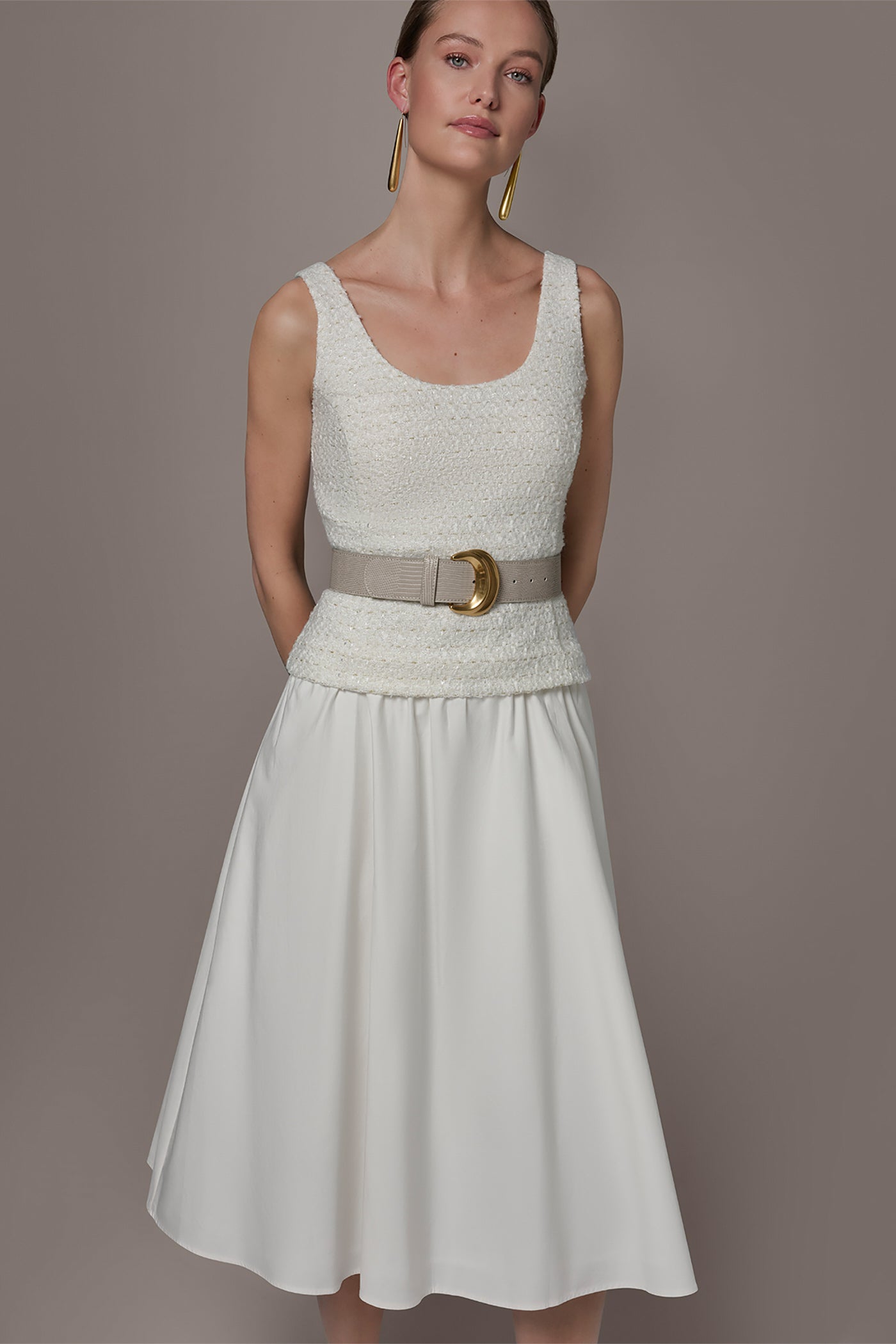 Donna Karan Women's Tweed Mixed Media Midi Tank Dress in Cream Donna Karan Women's Tweed Mixed Media Midi Tank Dress in Cream