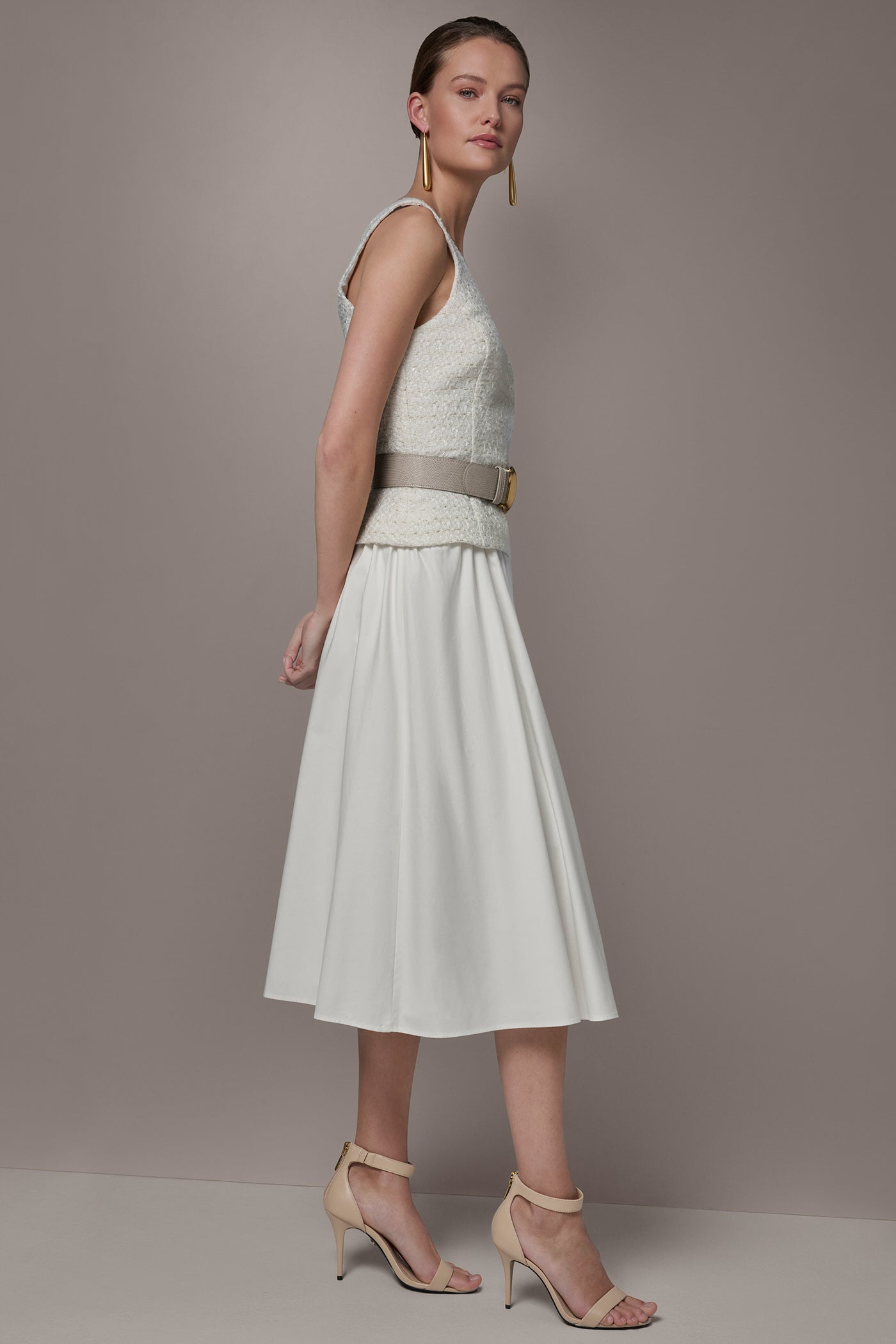Donna Karan Women's Tweed Mixed Media Midi Tank Dress in Cream Donna Karan Women's Tweed Mixed Media Midi Tank Dress in Cream