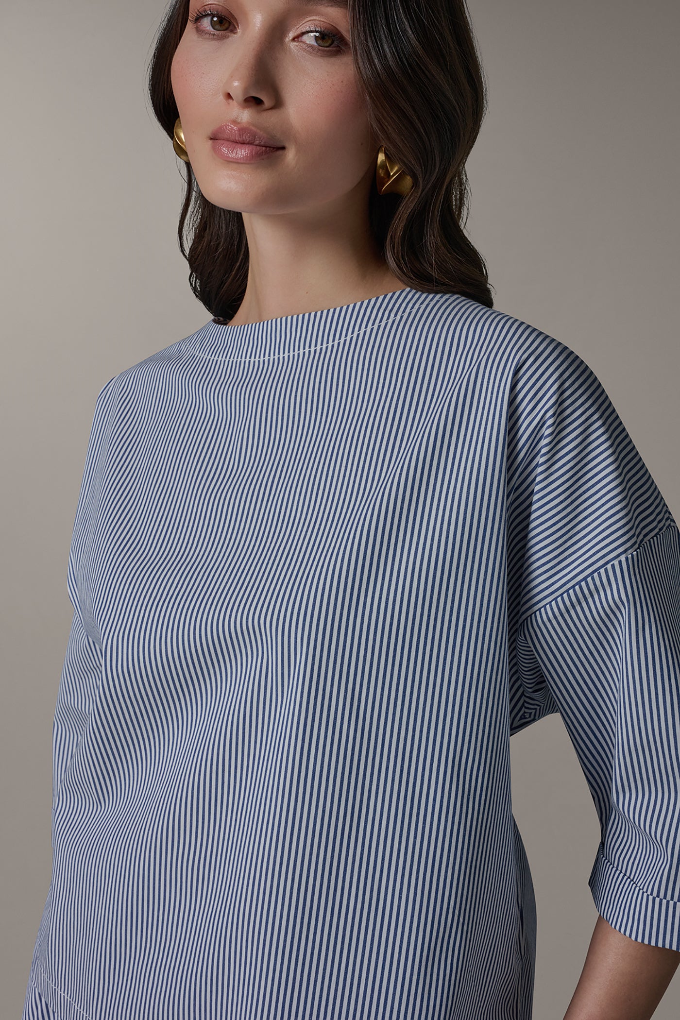 STRIPED 3/4 SLEEVE BOAT NECK BLOUSE VIEW 4 | Donna Karan Weekend Tops