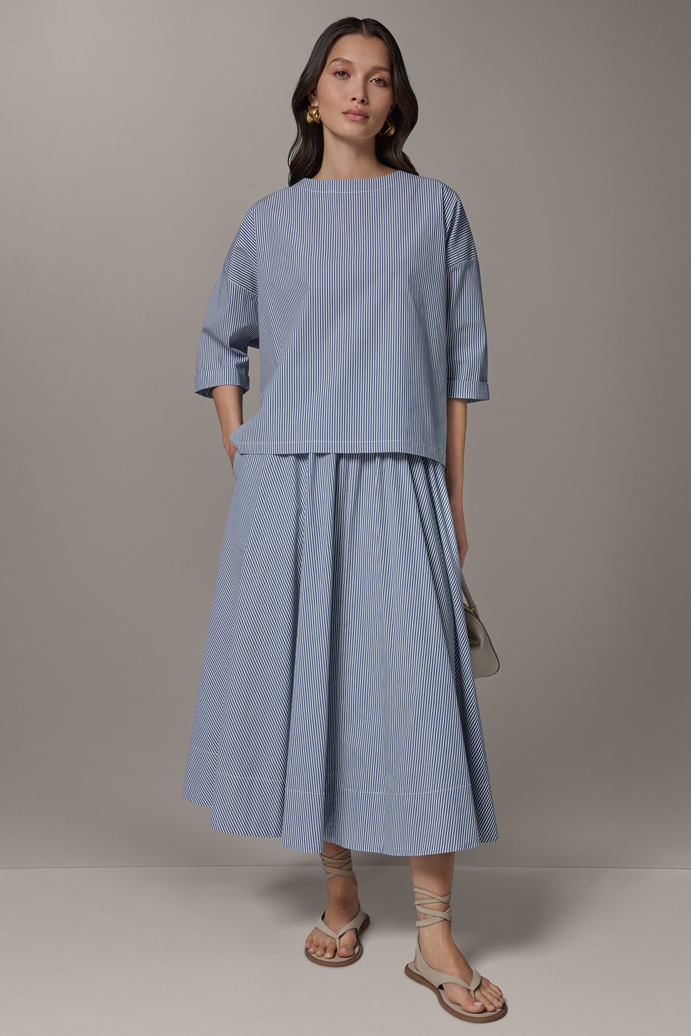 STRIPED 3/4 SLEEVE BOAT NECK BLOUSE VIEW 7 | Donna Karan Weekend Tops