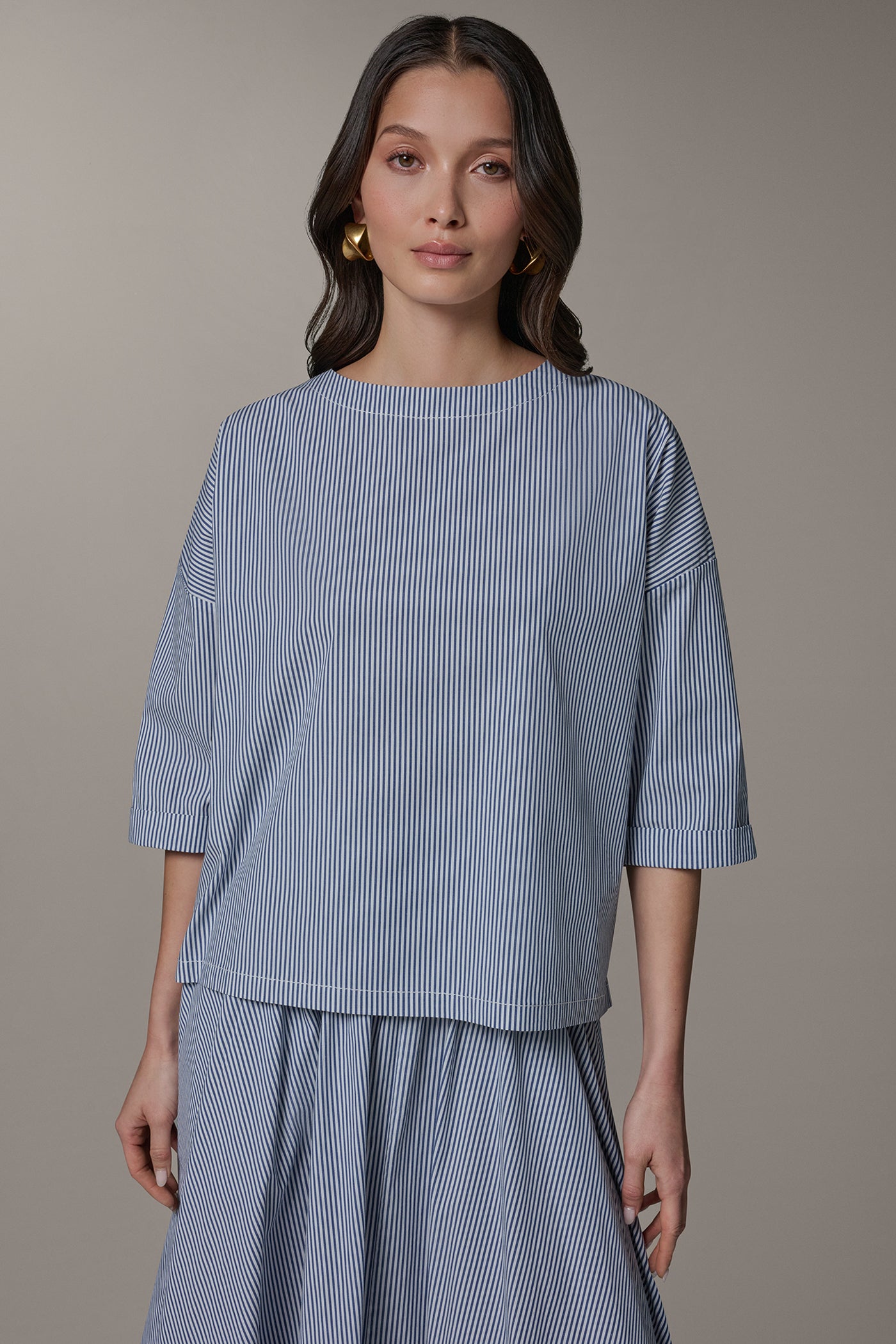 STRIPED 3/4 SLEEVE BOAT NECK BLOUSE | View 1 | Donna Karan Weekend Tops