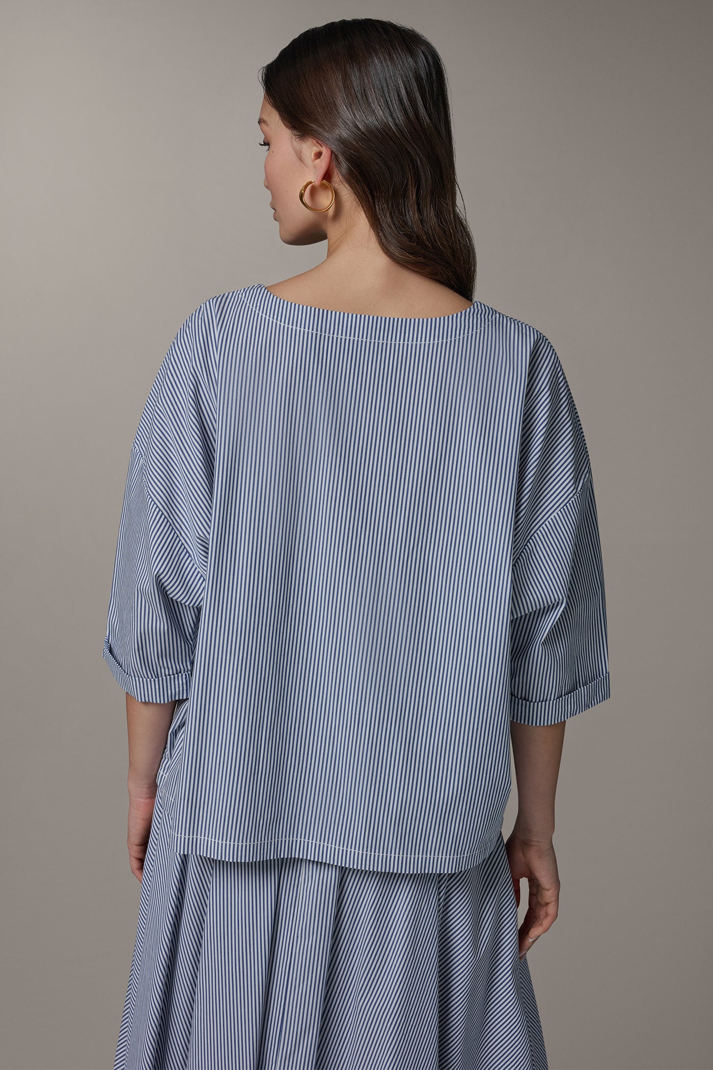 STRIPED 3/4 SLEEVE BOAT NECK BLOUSE VIEW 3 | Donna Karan Weekend Tops