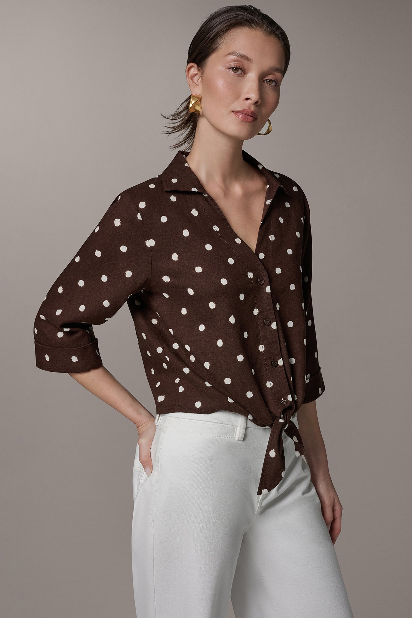 LONG SLEEVE TIE-FRONT BLOUSE VIEW 3 | Casual Collection