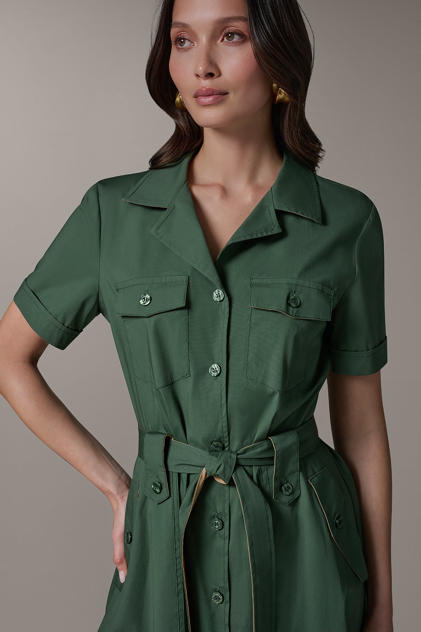 Donna Karan Women's Short Sleeve Midi Shirt Dress in Verde/Fawn Donna Karan Women's Short Sleeve Midi Shirt Dress in Verde/Fawn