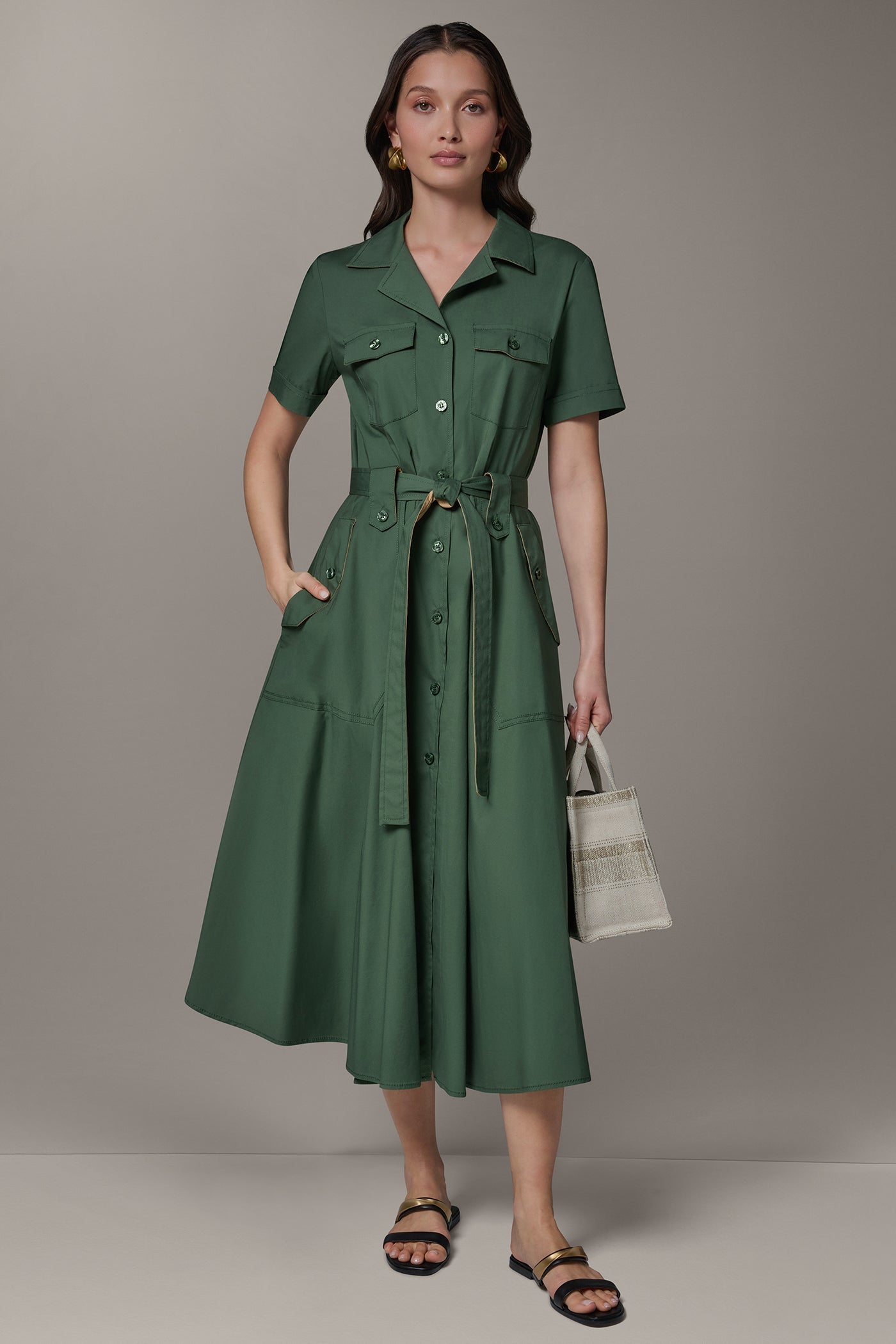 Donna Karan Women's Short Sleeve Midi Shirt Dress in Verde/Fawn Donna Karan Women's Short Sleeve Midi Shirt Dress in Verde/Fawn