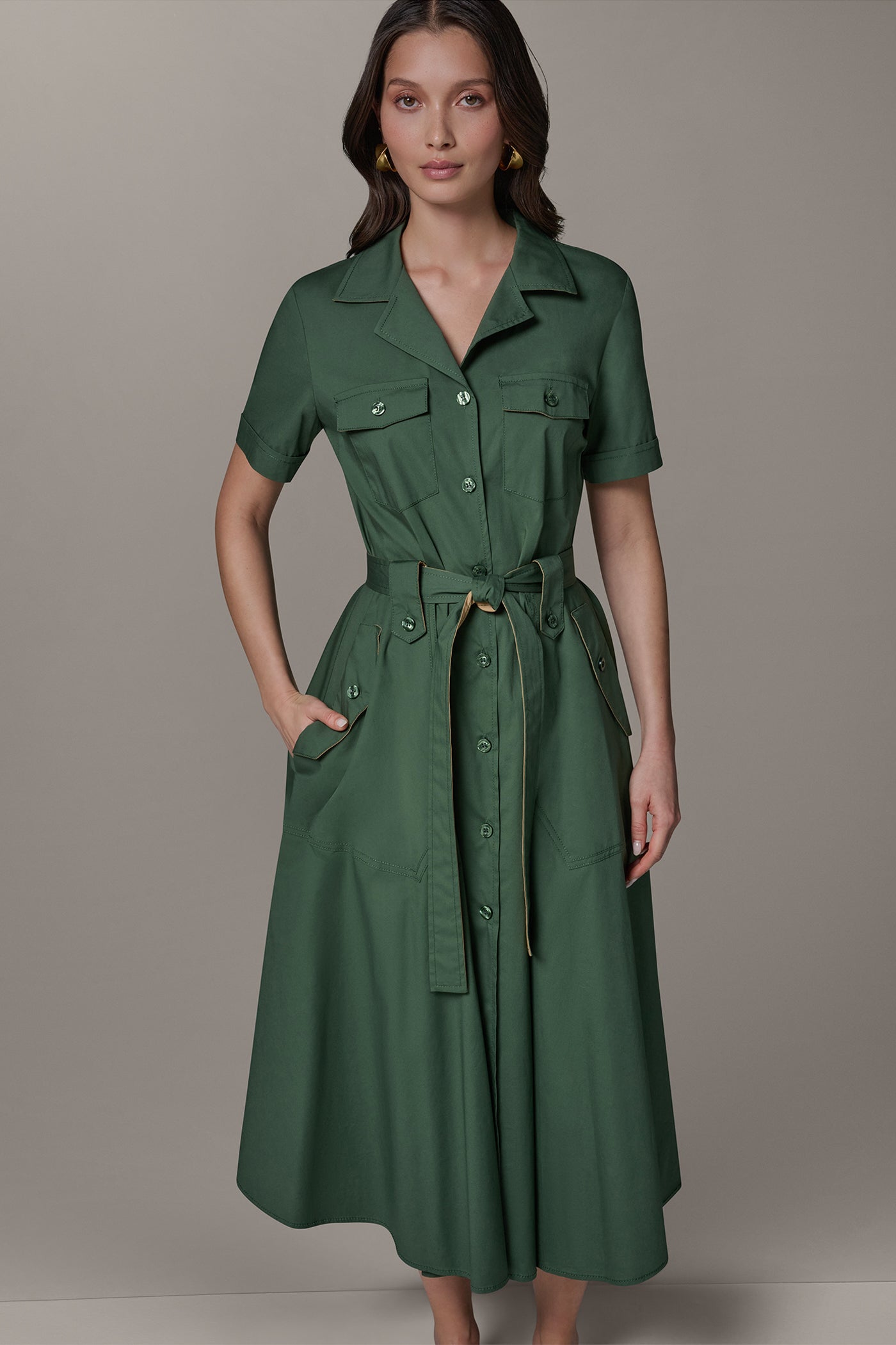 Donna Karan Women's Short Sleeve Midi Shirt Dress in Verde/Fawn Donna Karan Women's Short Sleeve Midi Shirt Dress in Verde/Fawn