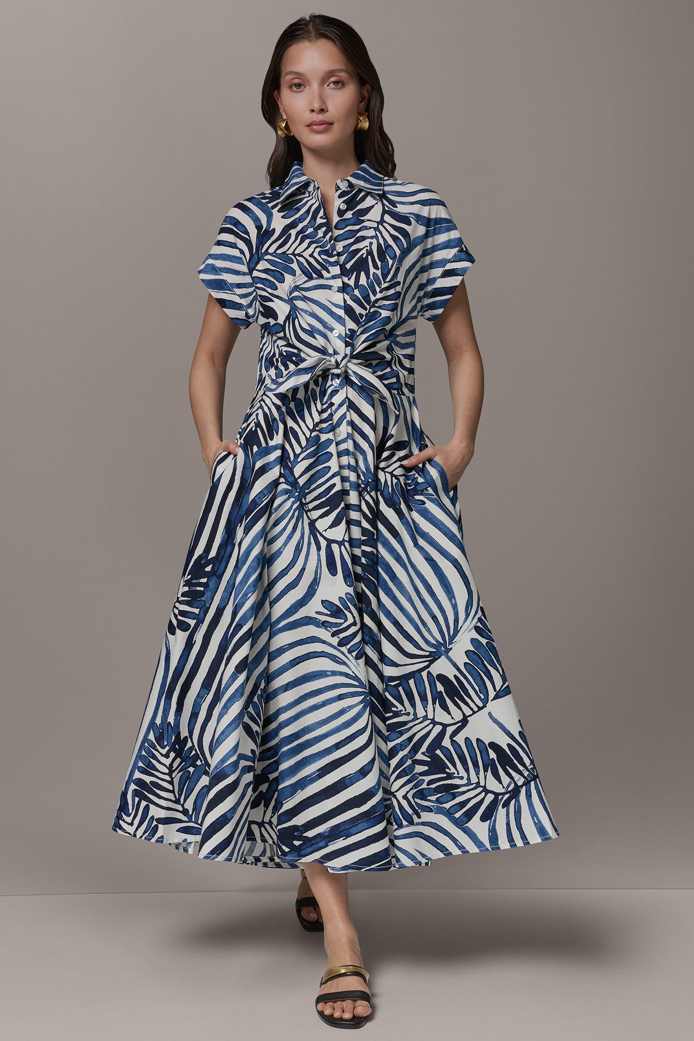 SHORT SLEEVE TIE FRONT MAXI SHIRT DRESS