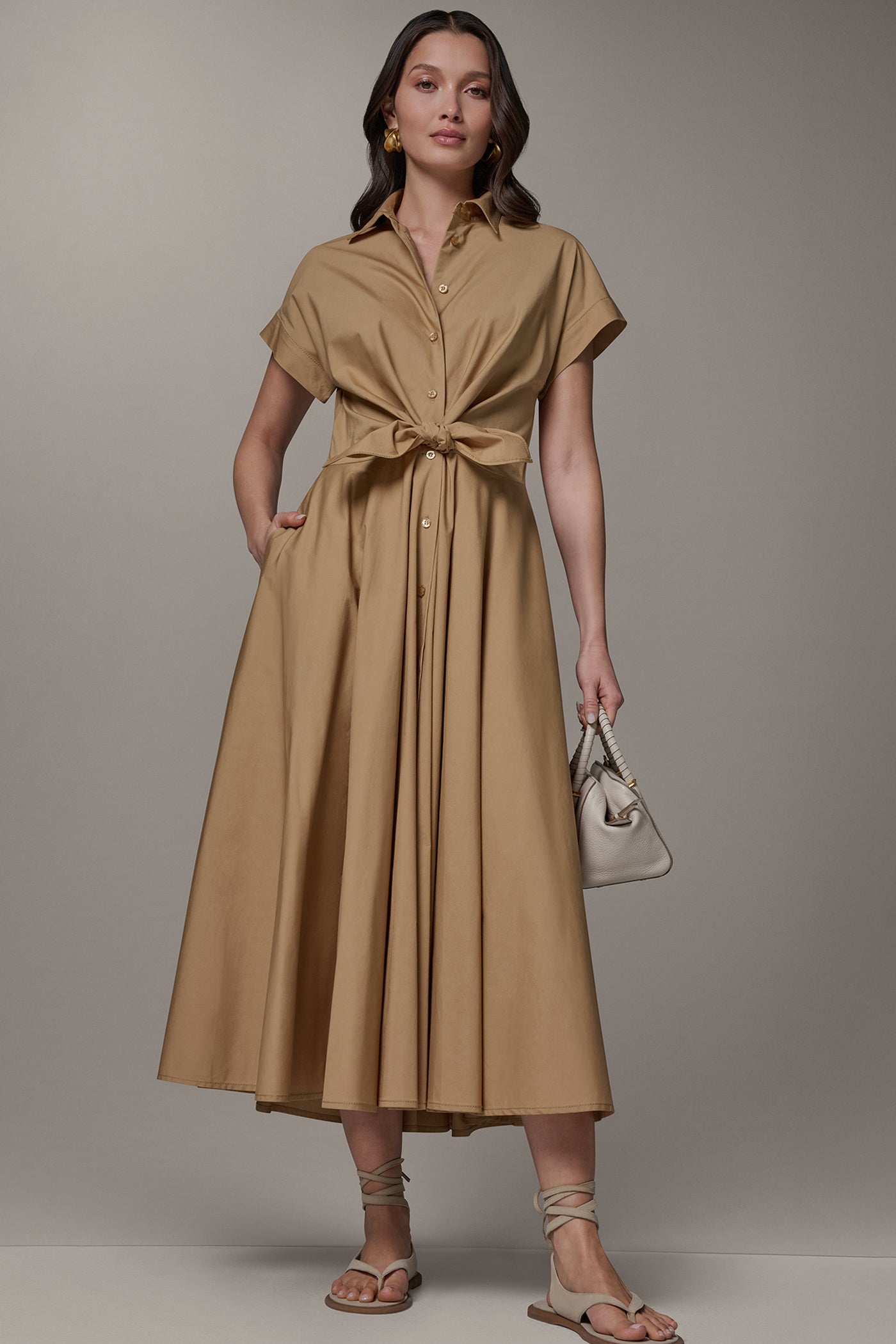 SHORT SLEEVE TIE FRONT MAXI SHIRT DRESS