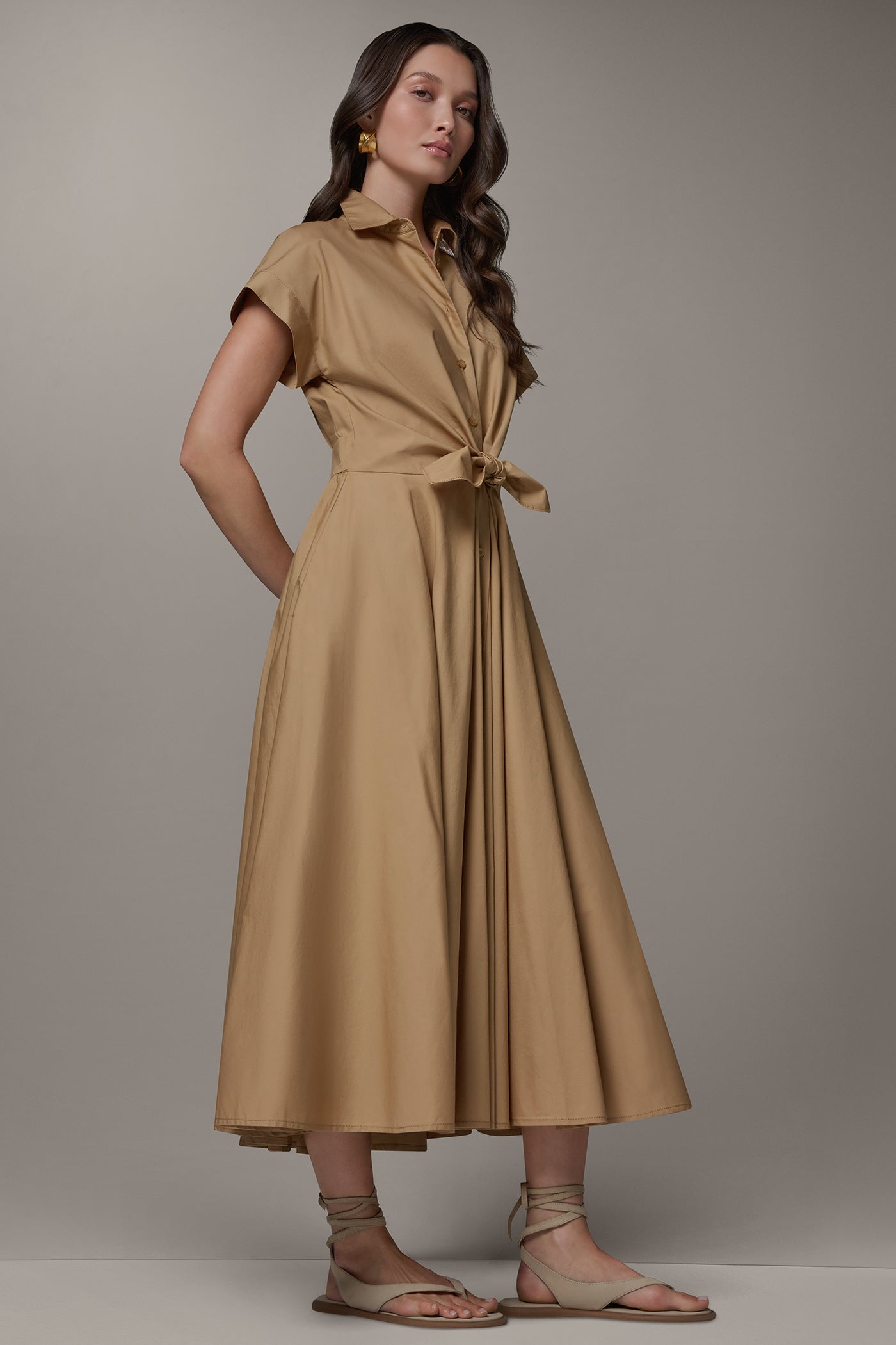Donna Karan Women's Short Sleeve Tie Front Maxi Shirt Dress in Fawn Brown, Size Medium