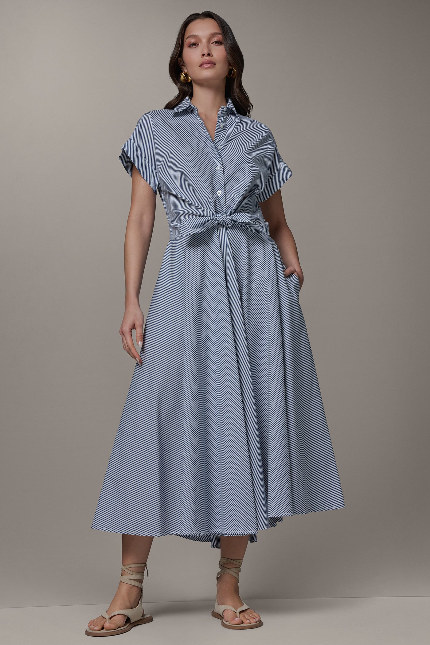 SHORT SLEEVE STRIPE TIE FRONT MAXI SHIRT DRESS