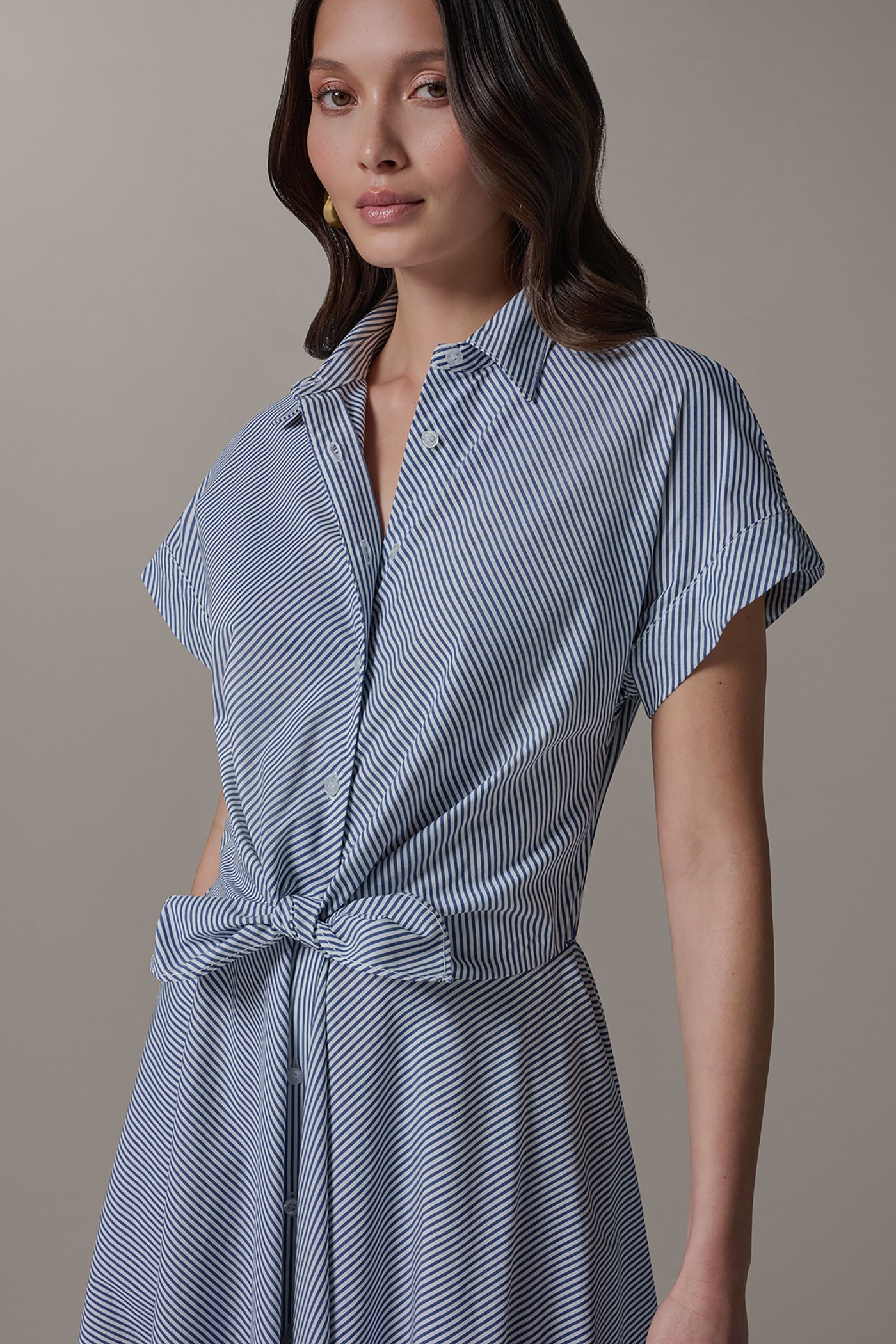 Donna Karan Women's Short Sleeve Stripe Tie Front Maxi Shirt Dress in Nightfall/Cream Donna Karan Women's Short Sleeve Stripe Tie Front Maxi Shirt Dress in Nightfall/Cream